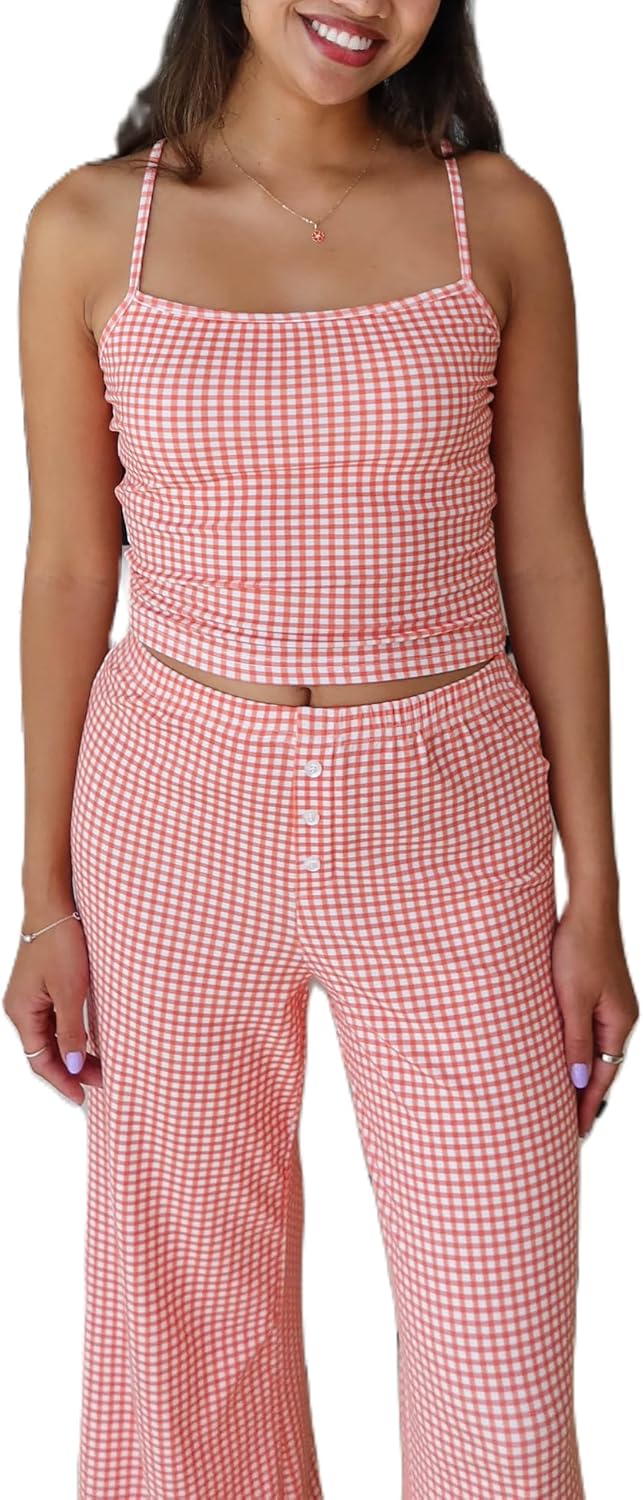 ROAONOCOMO Women Floral 2 Piece Lounge Set Spaghetti Strap Crop Camisole Elastic Waist Wide Leg Pajama Pants Sleepwear