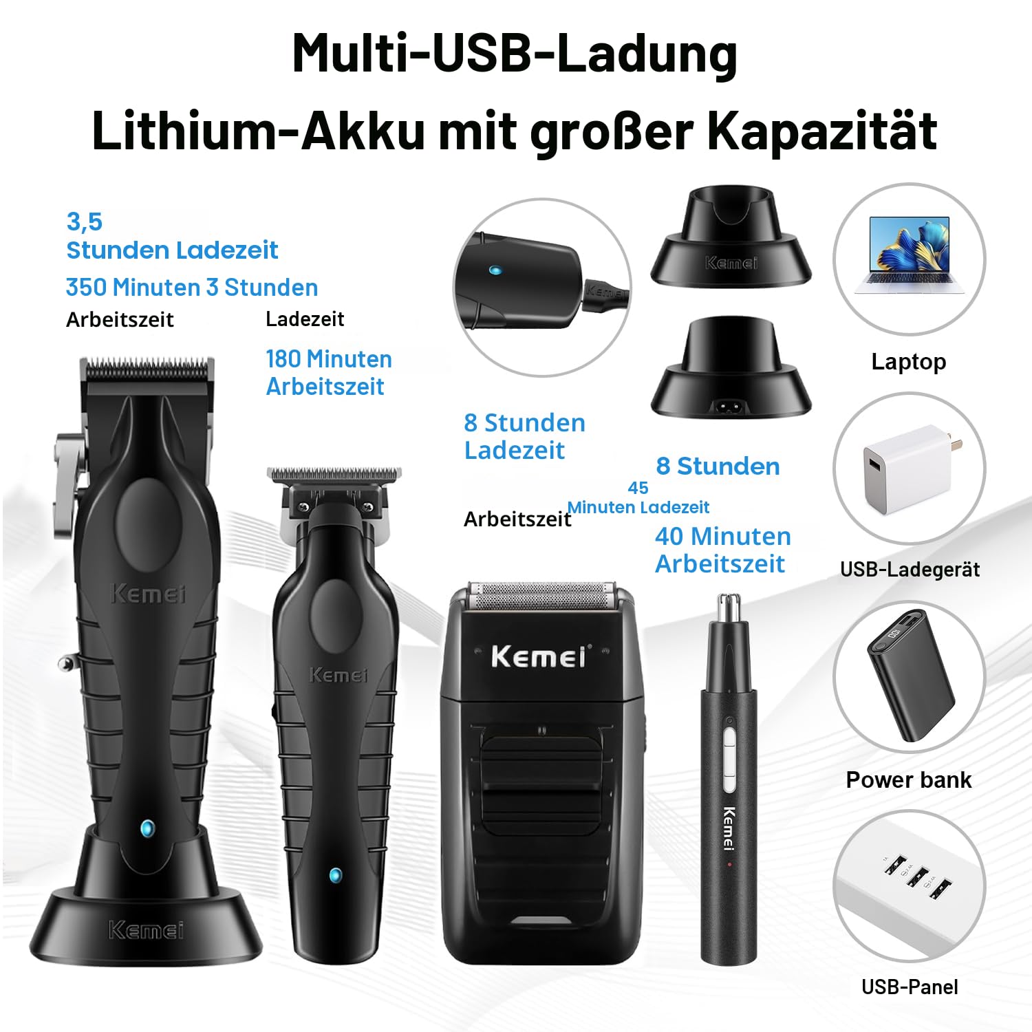 KEMEI Professionelle Haarschneidemaschine für Männer, Schnurloser Haarschneider Bartschneider Folienrasierer Nase Augenbrauen Ohrschneider Set, USB-Aufladung Komplettes Elektrisches Haarschneide-Kit
