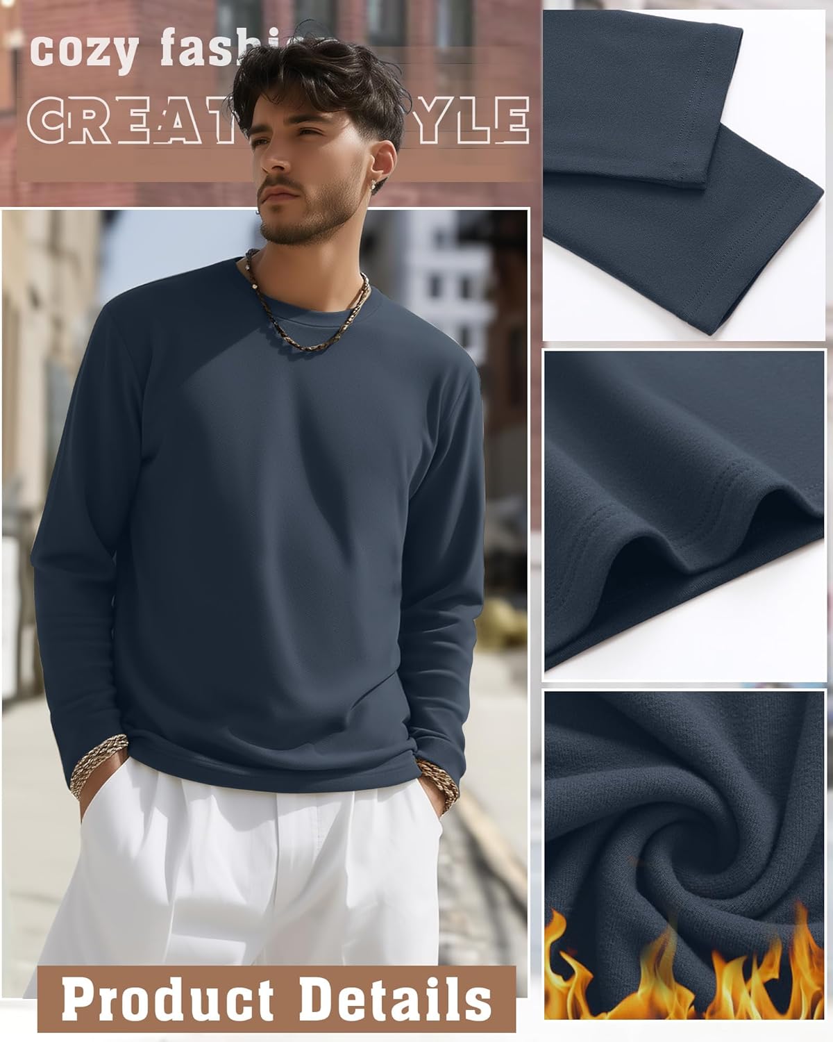 5 Pack Mens Big and Tall Thermal Shirts Fleece Lined Long Sleeve Loose Fit Tops Plus Size Undershirt Multipack - Image 3