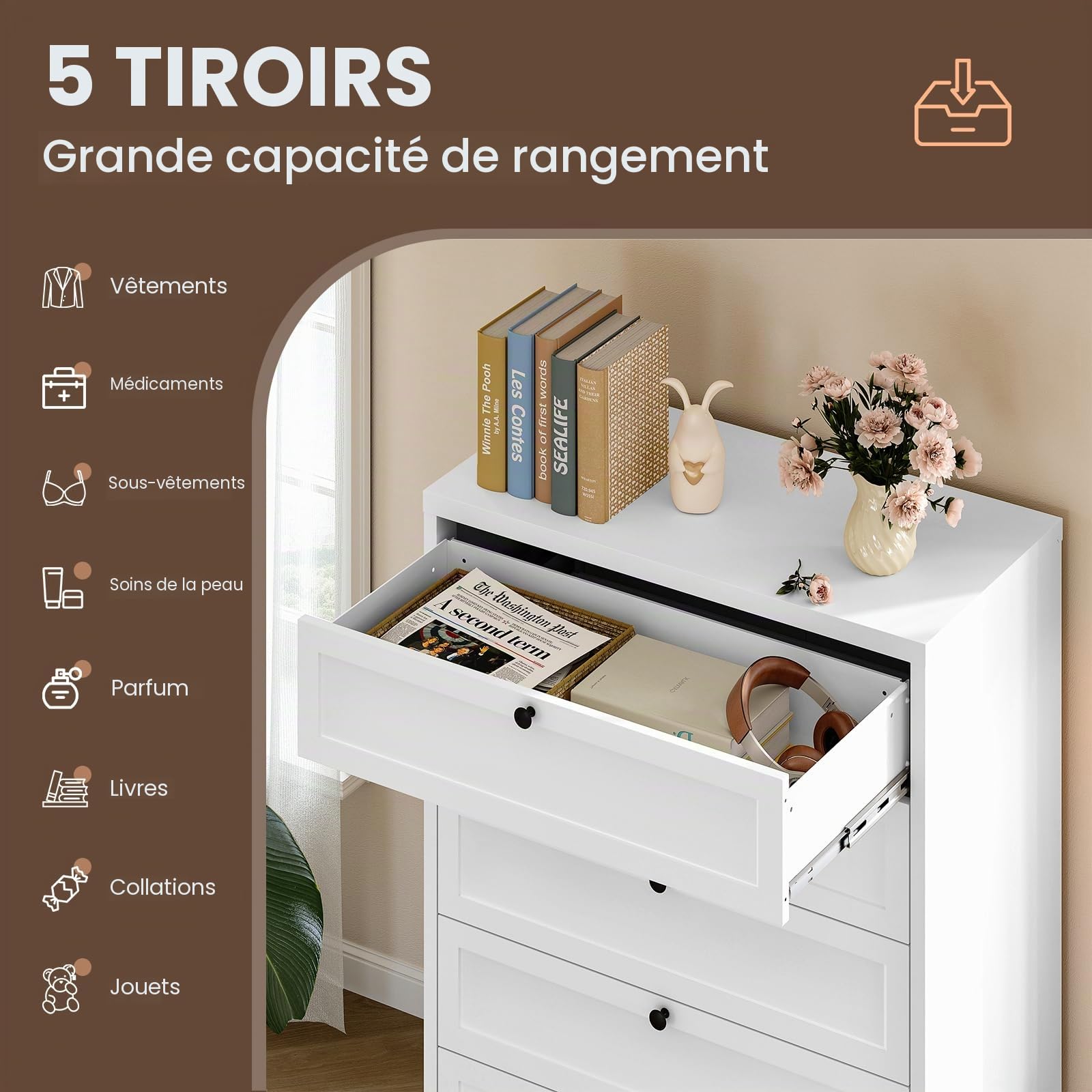 Sightlife Meuble de Rangement, Commode Blanche à 5 tiroirs, Meuble de Rangement pour Chambre, Bureau, entrée, Style comtemporain 121 x 80 x 40 cm