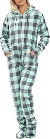 Mens Long Sleeve Zip Up Plush Fleece Hooded Adult Onesie, Footie Pajamas