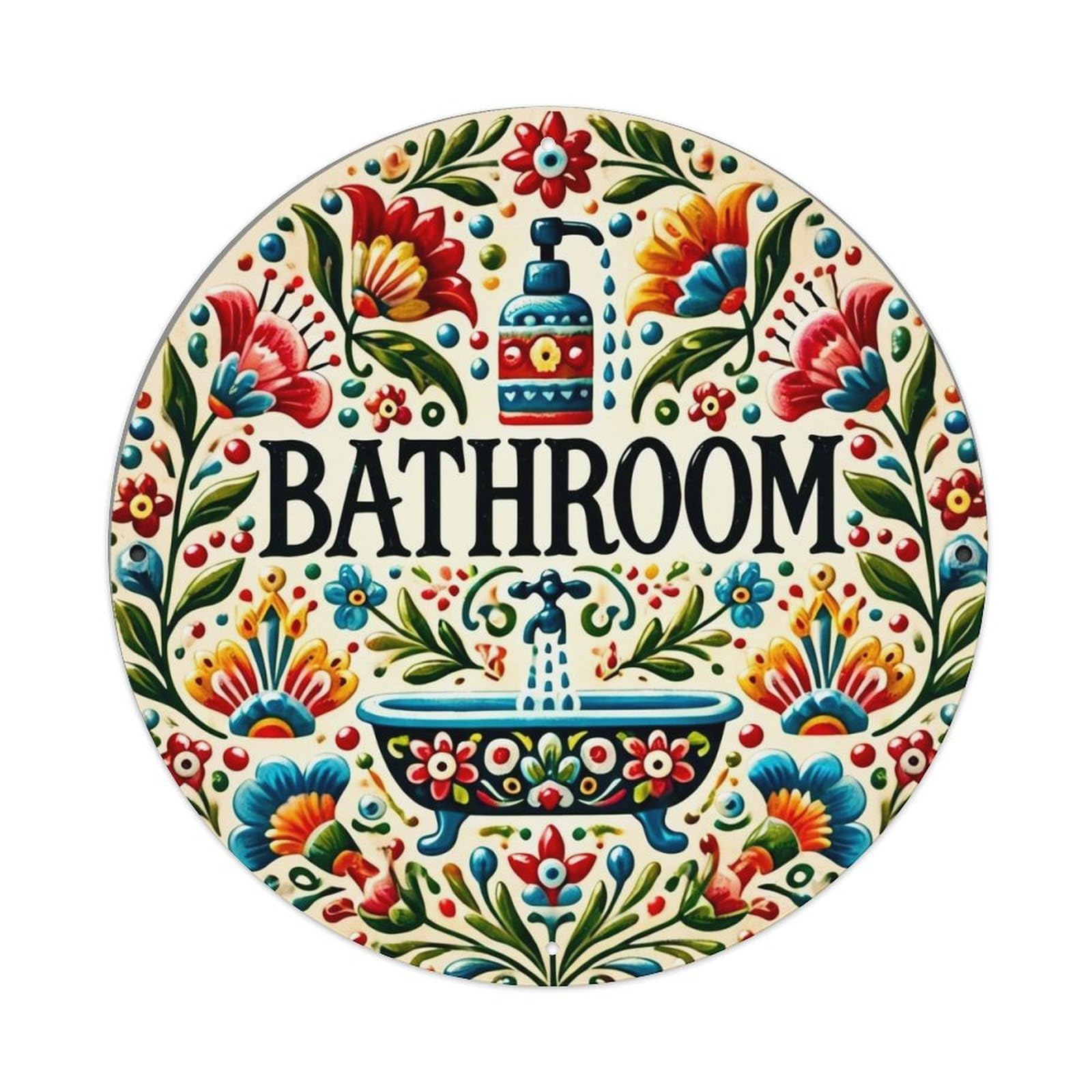 Floral Pattern With Bathtub And Soap Dispenser Retro Metal Sign Round Tin Sign, Vintage Decor Art Poster for Bar, Home, Man Cave, Kitchen, Laundry Room Gift 8x8Inch