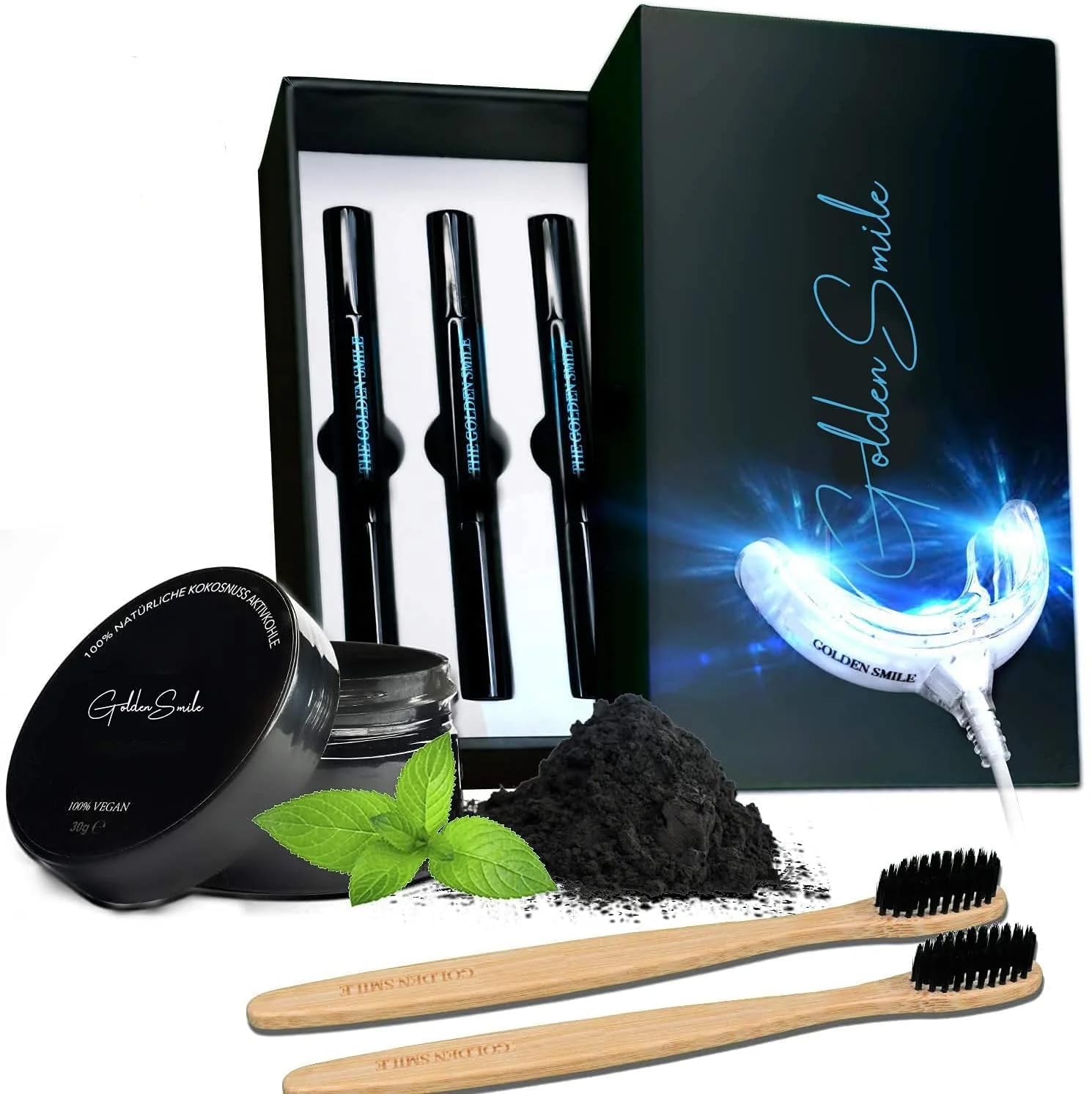The Golden Smile Whitening Hochwertiges Teeth whitening kit - All in One Bundle für Zahnaufhellung & weiße Zähne Zahn Bleaching Set Zahnaufhellung Entfernung von Flecken Kaffee, Rauchen, Gel