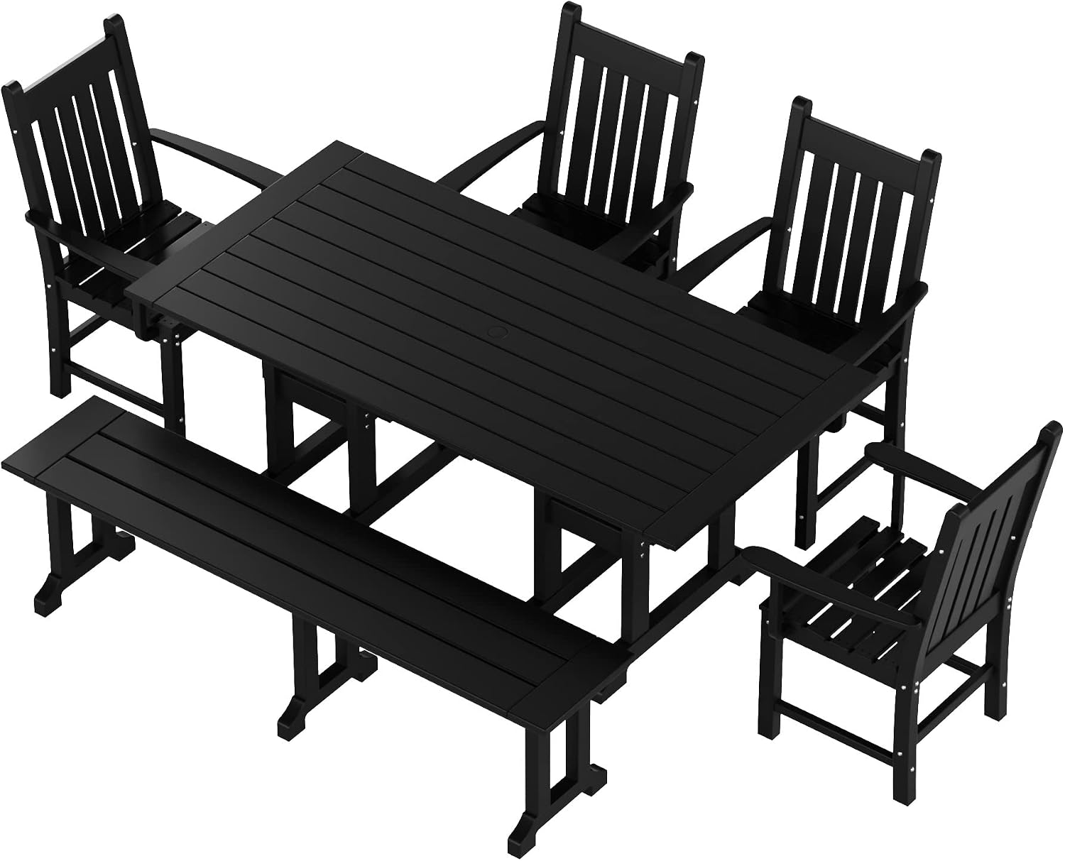 WestinTrends Malibu 6 Piece Patio Dining Set with Bench, All Weather Poly Lumber Outdoor Table and Chairs Set, 71" Trestle Dining Table with Umbrella Hole, 5 Arm Chairs with Bench, Black