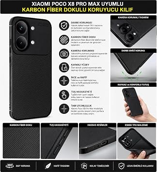 Xiaomi Poco X8 Pro Max ile Uyumlu Karbon Fiber Desenli Kamera Korumal  Premium K l f