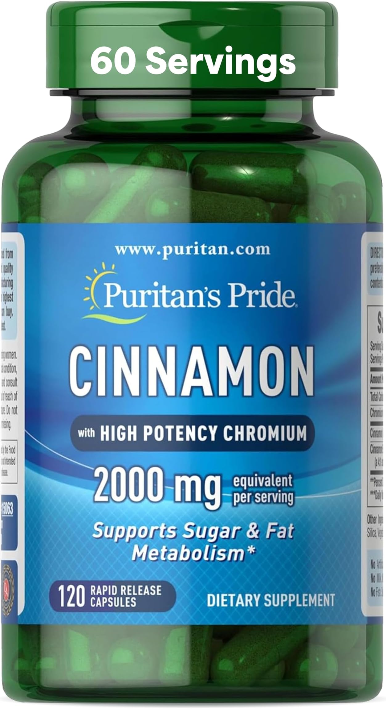 Cinnamon 875 mg (2000 mg Equivalent) with High Potency Chromium, Supports Sugar, Fat, and Healthy Nutrient Metabolism, Cellular Energy, 2 Month Supply, 120 Rapid Release Capsules