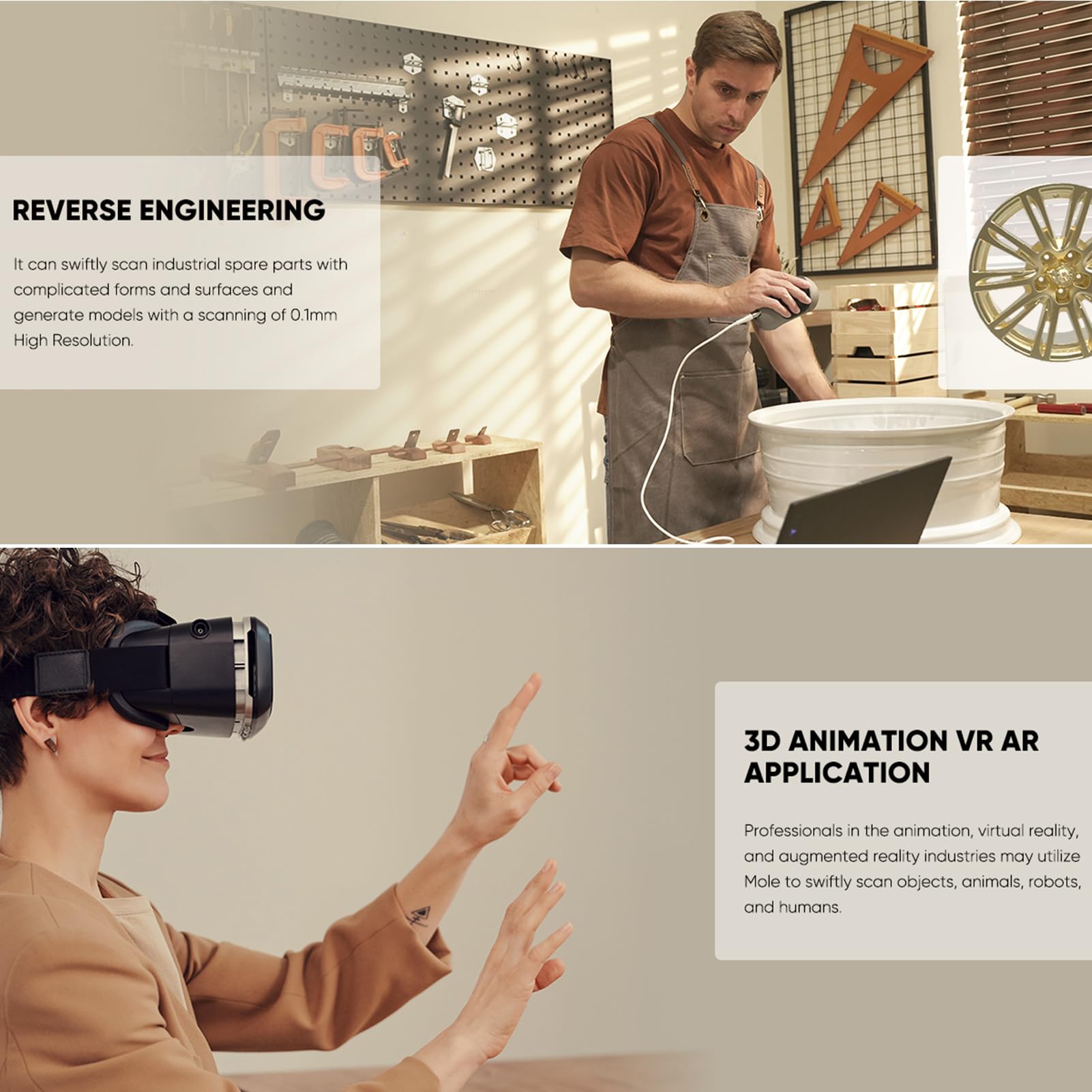 Fafeicy Tragbarer 3D-Scanner, 0,05 Mm Genauigkeit, 0,1 Mm Auflösung, 10 Fps Visuelle NIR-Verfolgung für Dunkle Objekte und Große Teile, mit Optischem Anti-Shake für 3D-Druck