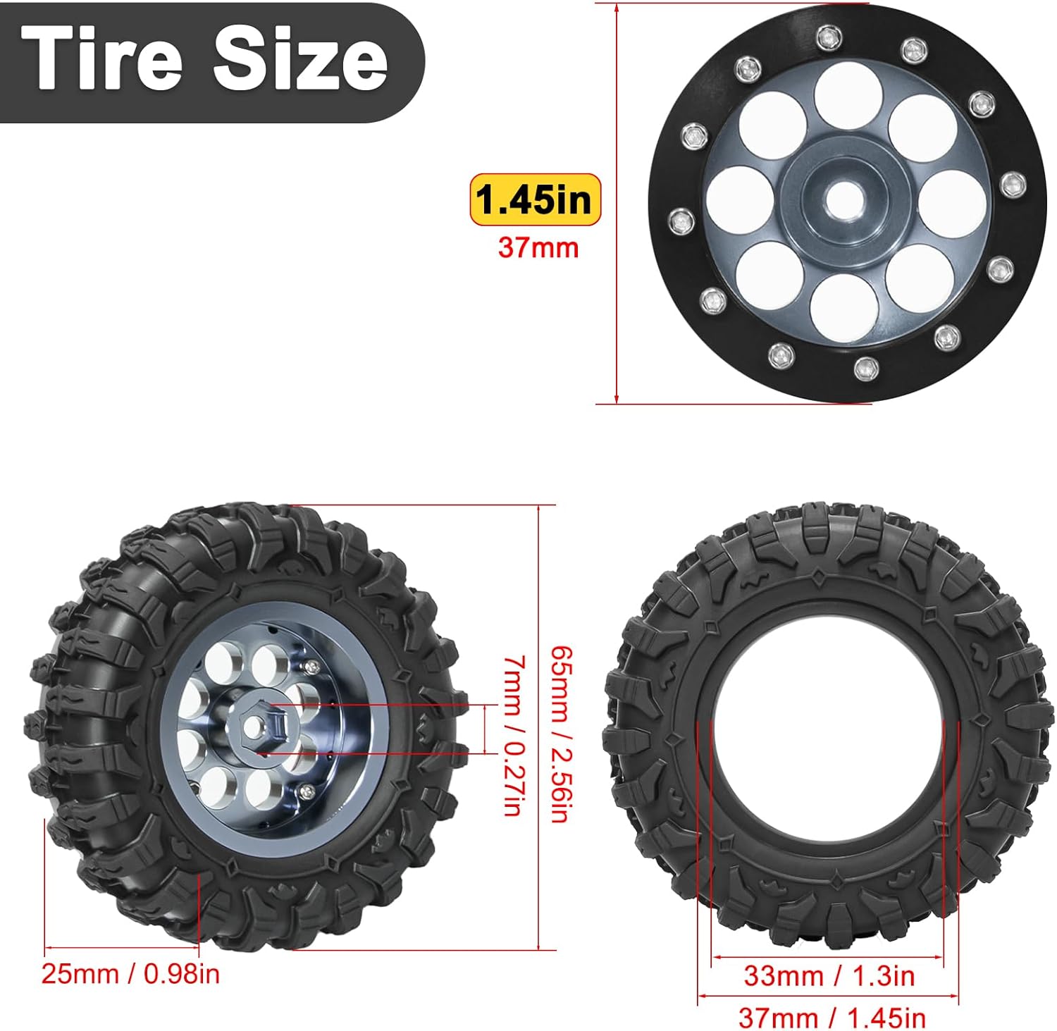 LRFHL 1.3" Beadlock Wheel Tires Aluminum 1.3 Beadlock Wheels and Tires Upgraded 1.45-inch Wheel for 1/24 SCX24 1/18 TRX4M RC Crawler Car Upgrade (4PCS)