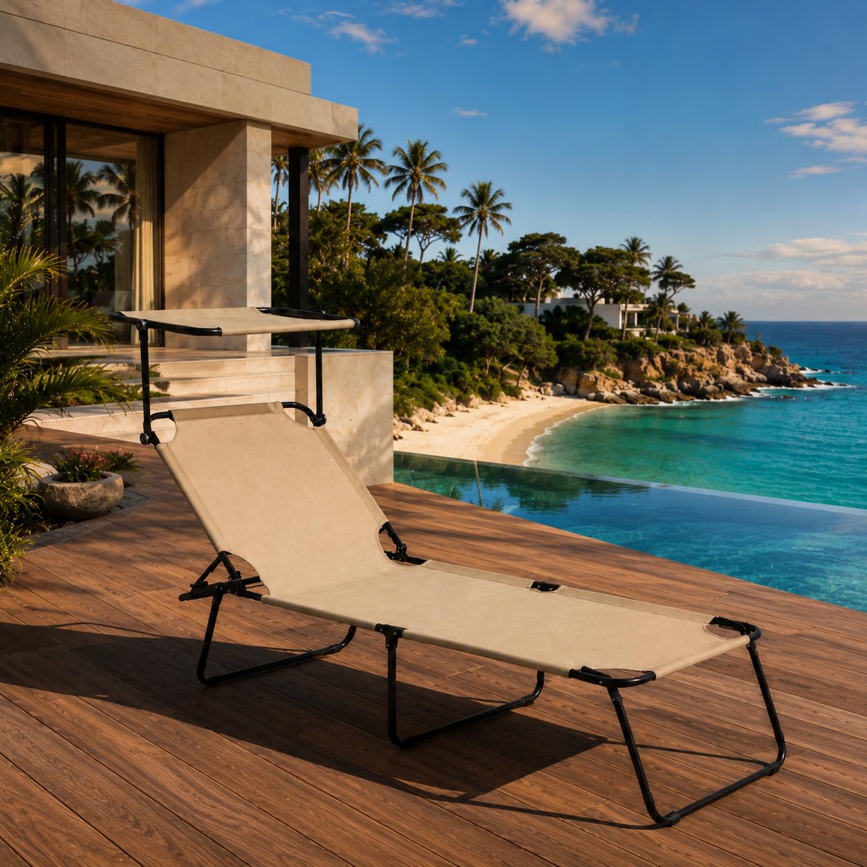 Lettino Pieghevole Con Tettuccio Regolabile Prendisole Parasole Schienale Reclinabile Regolabile Struttura In Metallo Nero Sedia Sdraio Per Spiaggia Mare Giardino Piscina 187 x 53 x 24 Cm (Beige)