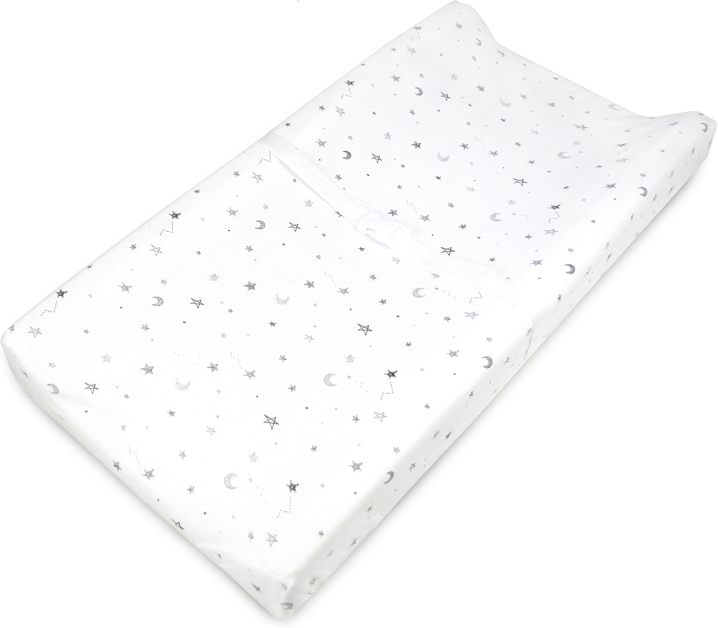 Printed 100% Cotton Knit Fitted Contoured Changing Table Pad Cover - Compatible with Mika Micky Bassinet, Gray Stars and Moons, for Boys and Girls