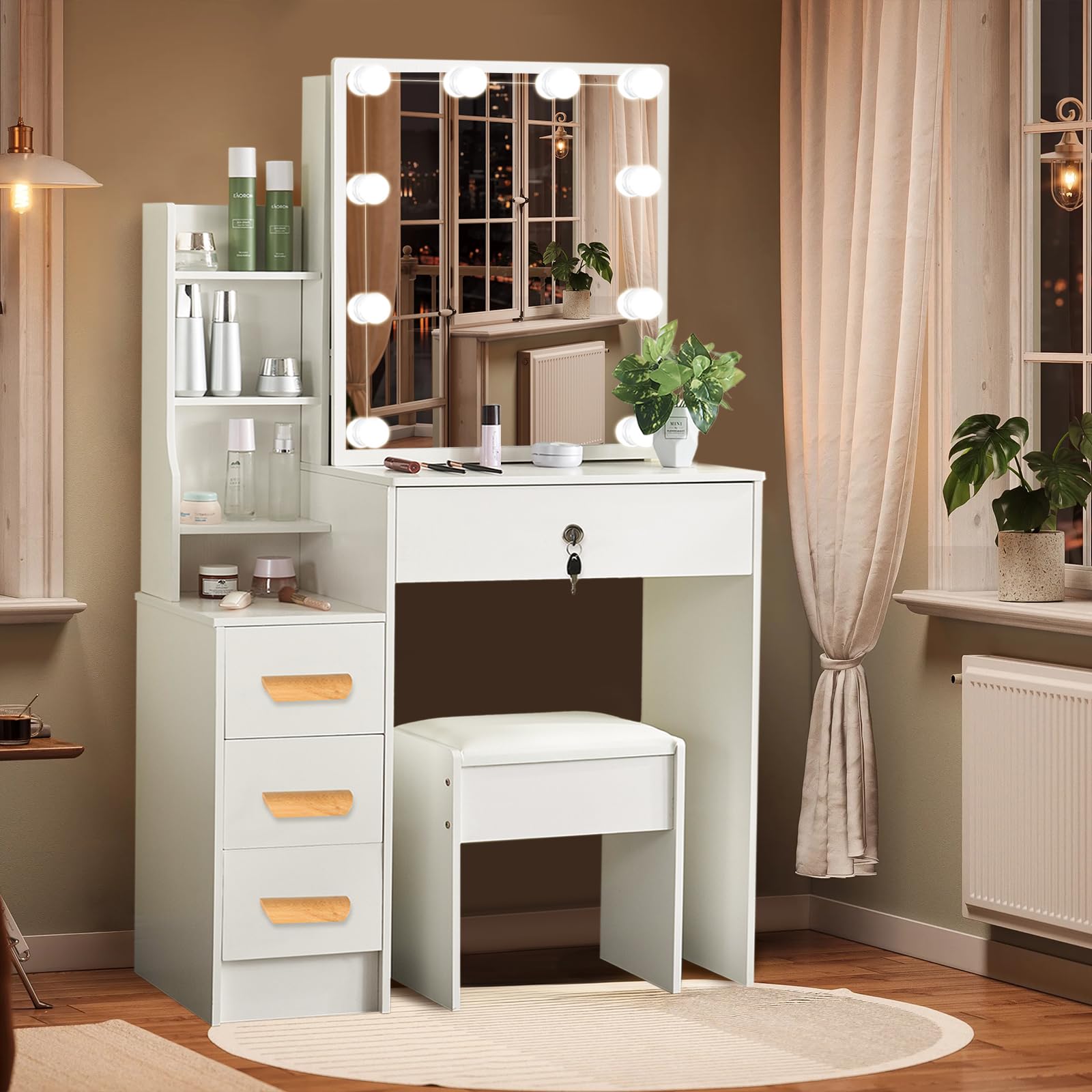 Toeletta da Trucco con Luci LED Hollywood, Tavolo da Trucco con Specchio e Sgabello, Tavolo da Trucco con 6 Cassetti e 6 Ripiani, Postazione Make-up Moderna 80x36x131cm