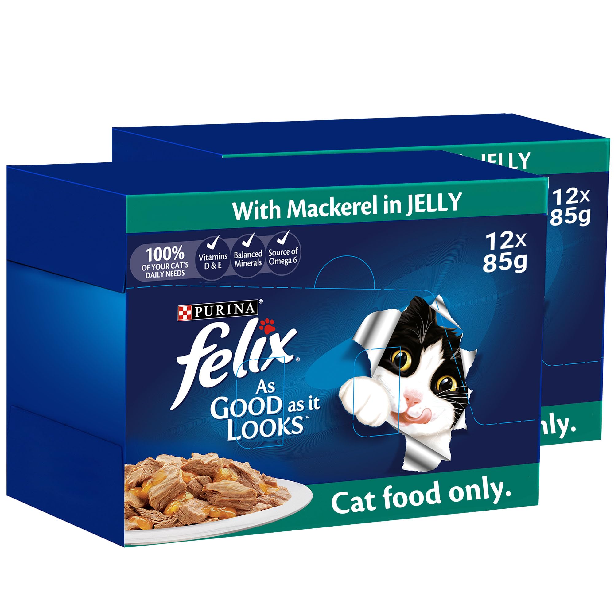 Felix Purina As Good As it Looks Adult Cat With Mackerel In Jelly 85g, Pack of 12