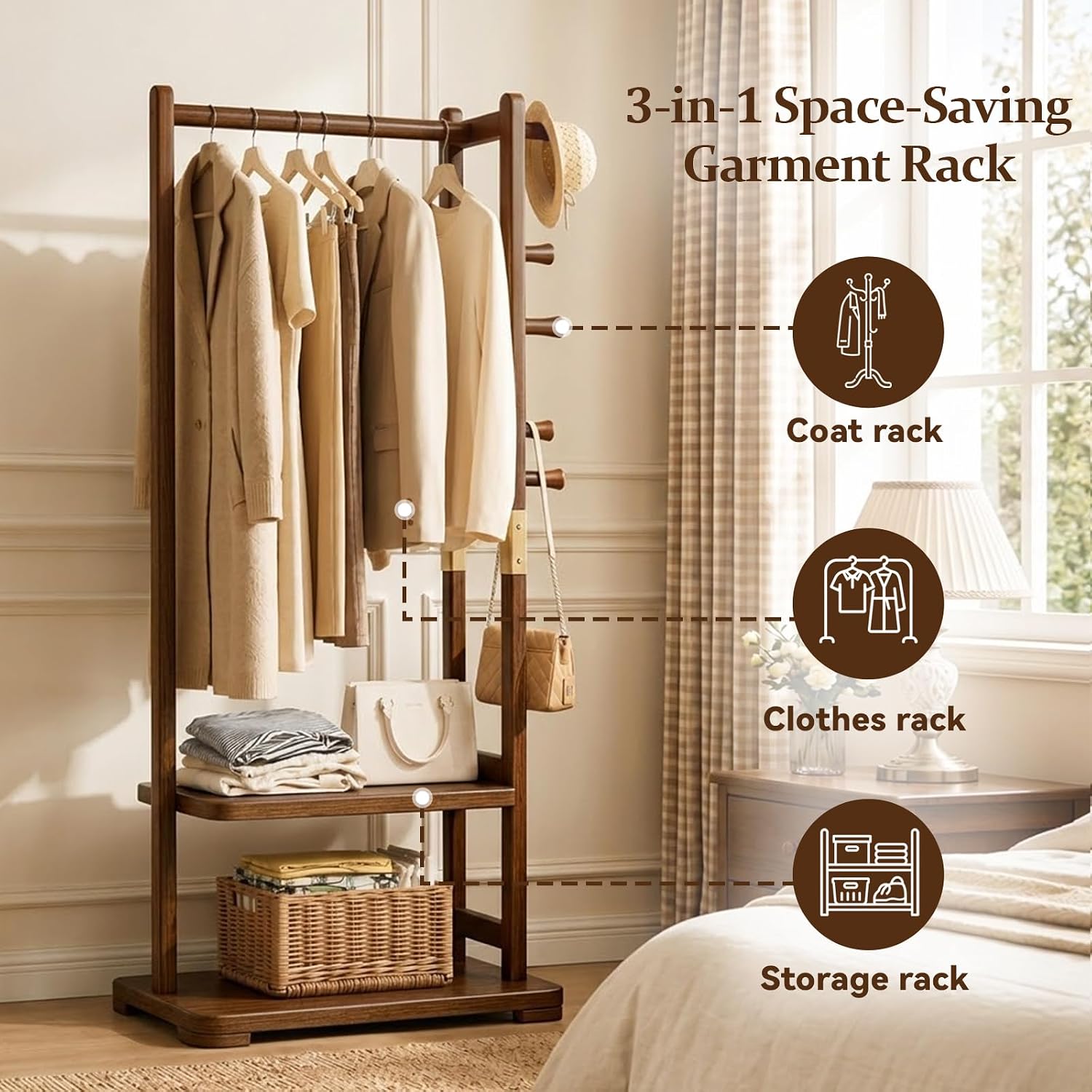 Taitiy Coat Rack Solid Wood Hall Tree Storage 2 Shelves 5 Hooks image 3