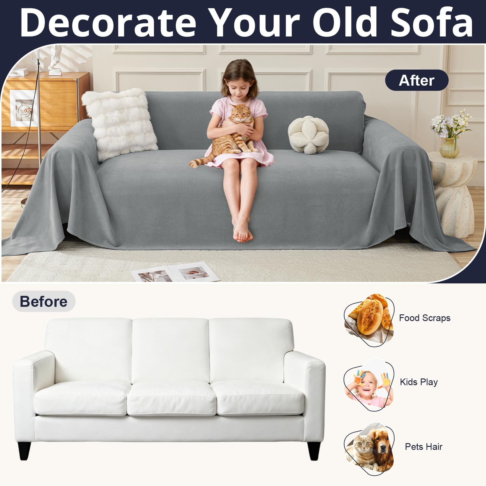 Royhom Sofa Überzug, Chenille Couch Überzug Ecksofa, Sofabezug L Form, Sofa Schutzdecke, Sofahusse mit Armlehne, Sofaüberwurf Decke Weich und Bequem, Grau, 340x180 cm