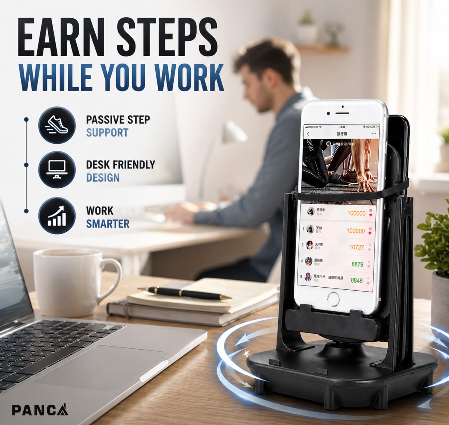 PANCA Automatic Step Swing Device for 2 Phones, Mobile Shaker Rocker with Dual Phone Holder, Adjustable Desk Mount Step Counter Support for Recording Gaming Fitness Apps Compatible (Black) — Amazon image 4