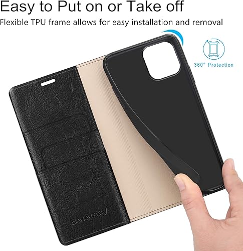 Miniatura 5 de Belemay Funda compatible con iPhone 15, piel auténtica, tarjeteros con bloqueo RFID, carcasa de TPU a prueba de golpes, función atril, funda