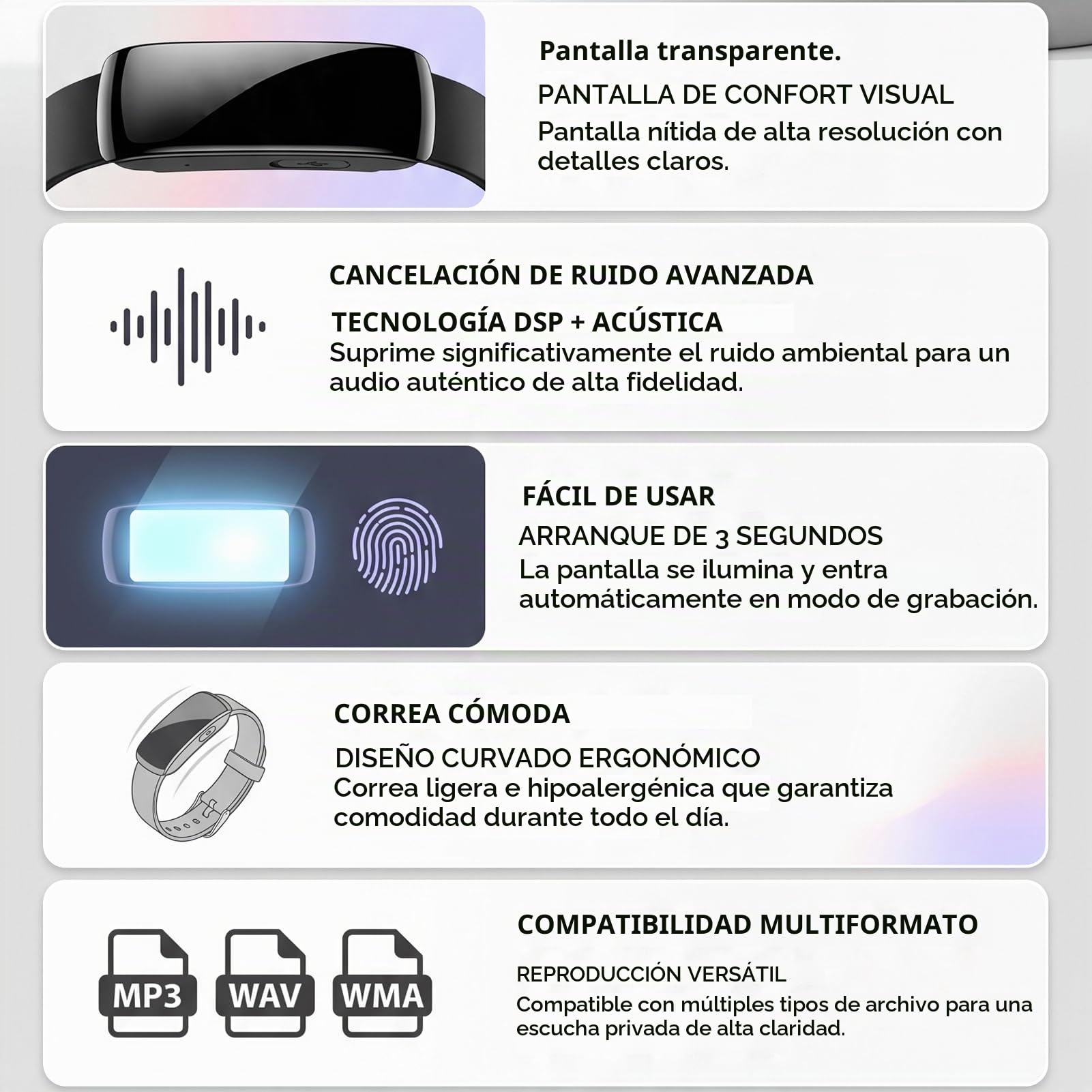 Reloj Grabadora De Voz, Grabadoras De Voz Digitales con Cancelación De Ruido, Grabadora De Pulsera De Audio De Grabación Larga con Reproducción, Visualización De La Hora, (8G)