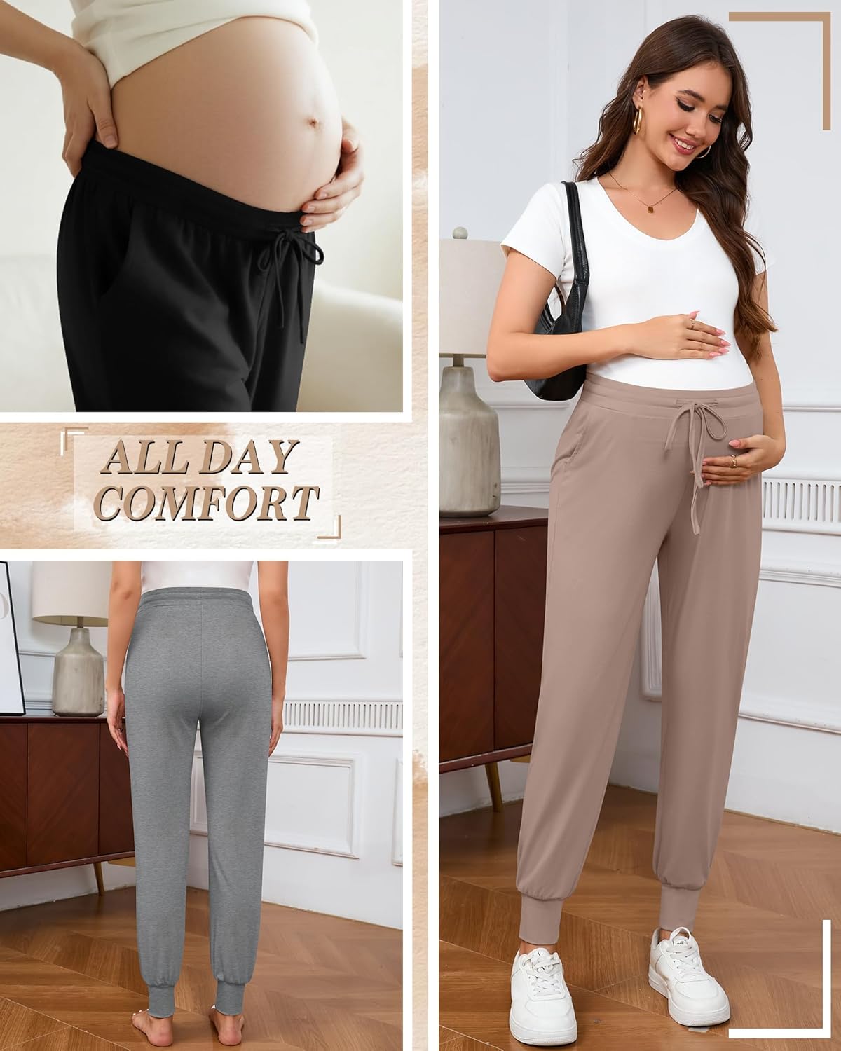 3 Pack Women's Lounge Maternity Pants, Casual Joggers Underbelly Pregnancy Sweatpants with Drawstring and Pockets - Image 3