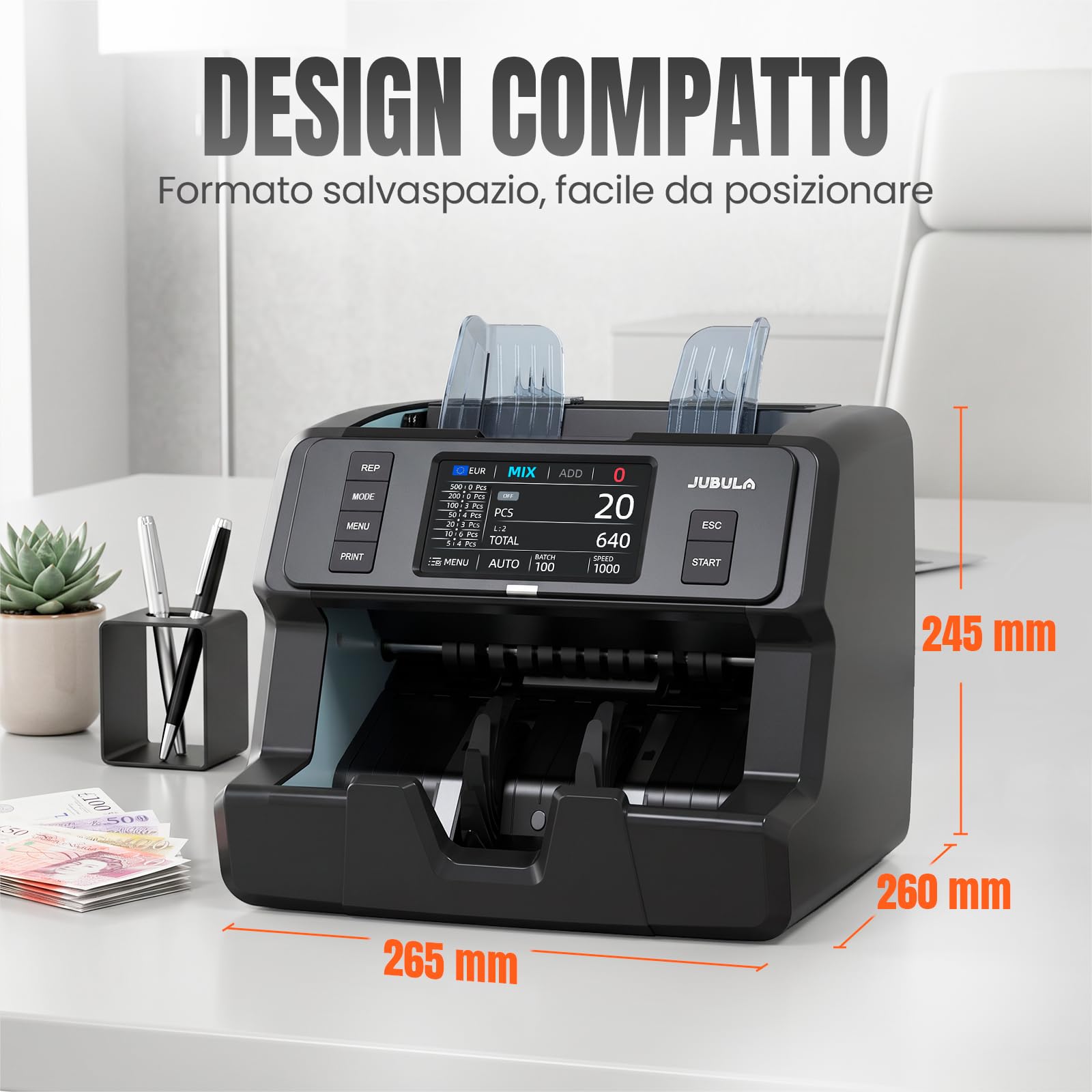 MV-400 contabanconote 1CIS con touchscreen | sicuro, preciso, veloce | rileva soldi falsi | conteggio misto, rilevamento banconote false testato BCE, 10 valute