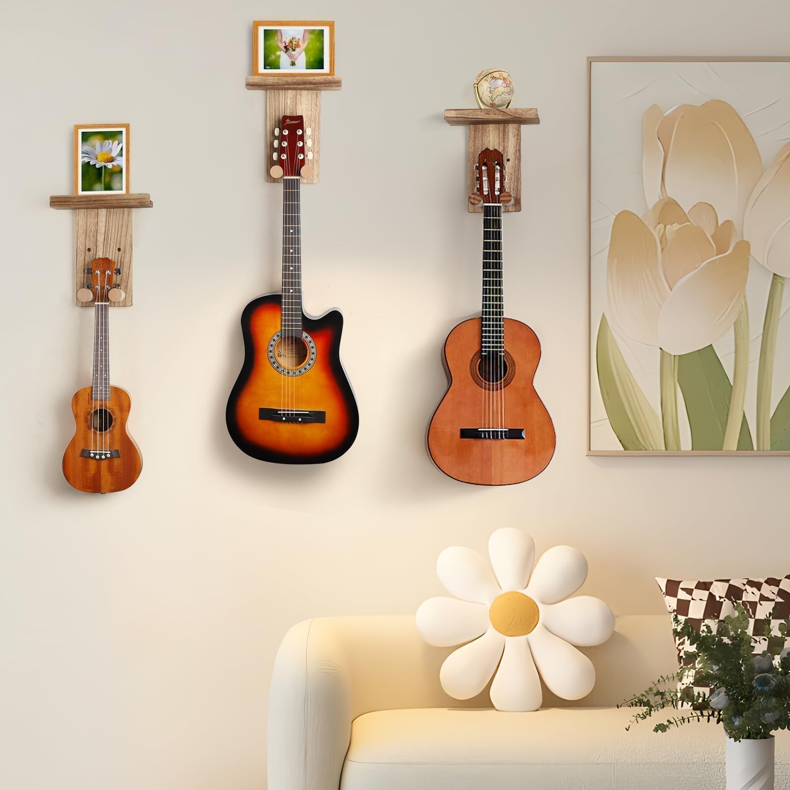 Soporte de Pared para Guitarra Juego de 3 (Marrón) | Colgador para Guitarra Acústica, Española, Bajo Eléctrico, Guitarra Eléctrica y Ukelele