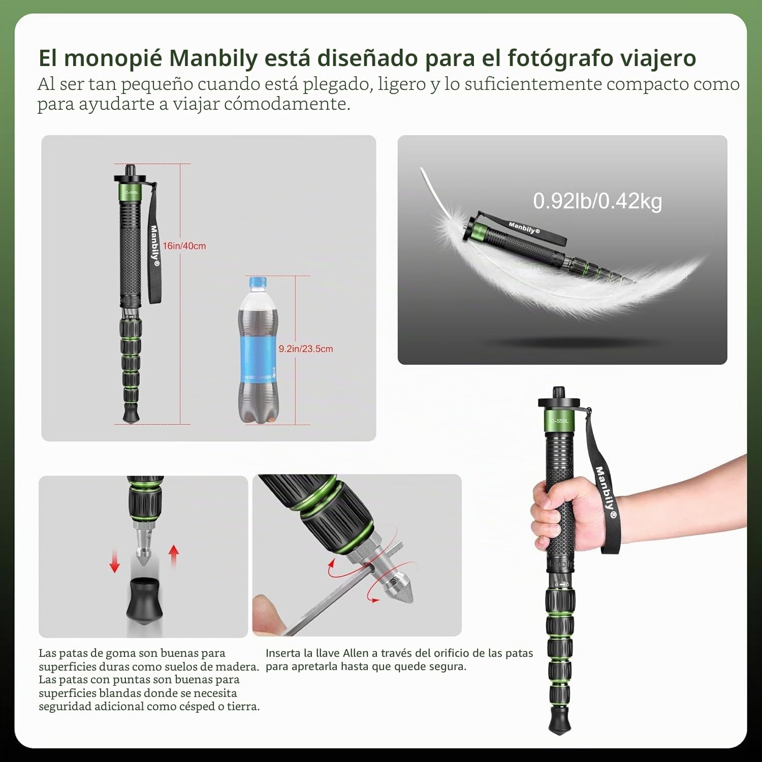 Manbily Monopié para Cámara Fibra de Carbono con Mango del Bastón 40-168cm Portátil Compacto Monopié de Viaje 6 Secciones 7KG para Videocámara DSLR Canon Nikon Sony Clip de Móvil (Verde) C-555L