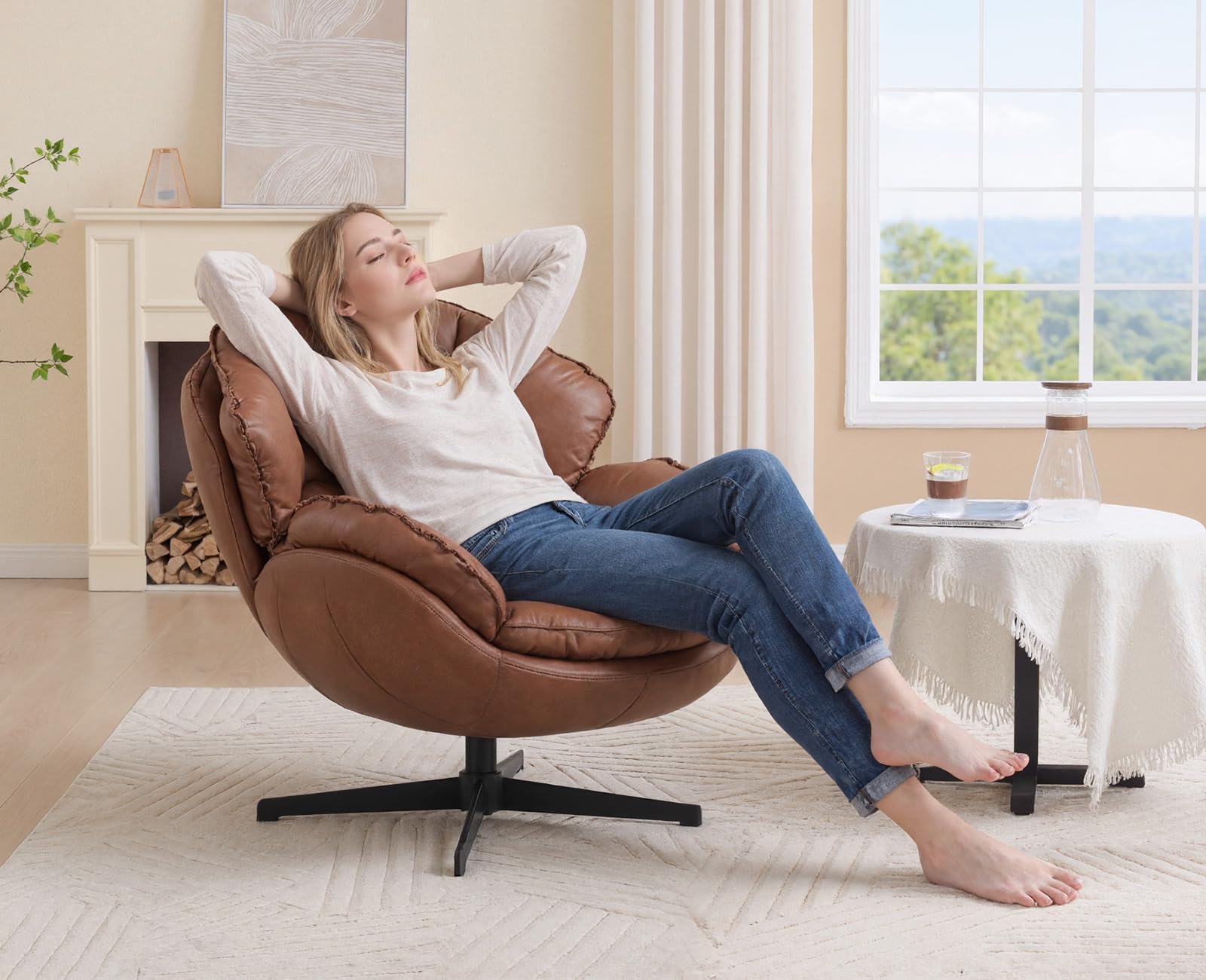 chairus Poltrona Girevole Salotto in Ecopelle Poltrona Imbottita Non-Regolabile Poltroncina Boucle con Gambe in Metallo Poltroncina Moderna per Soggiorno/Camera da Letto, Marrone