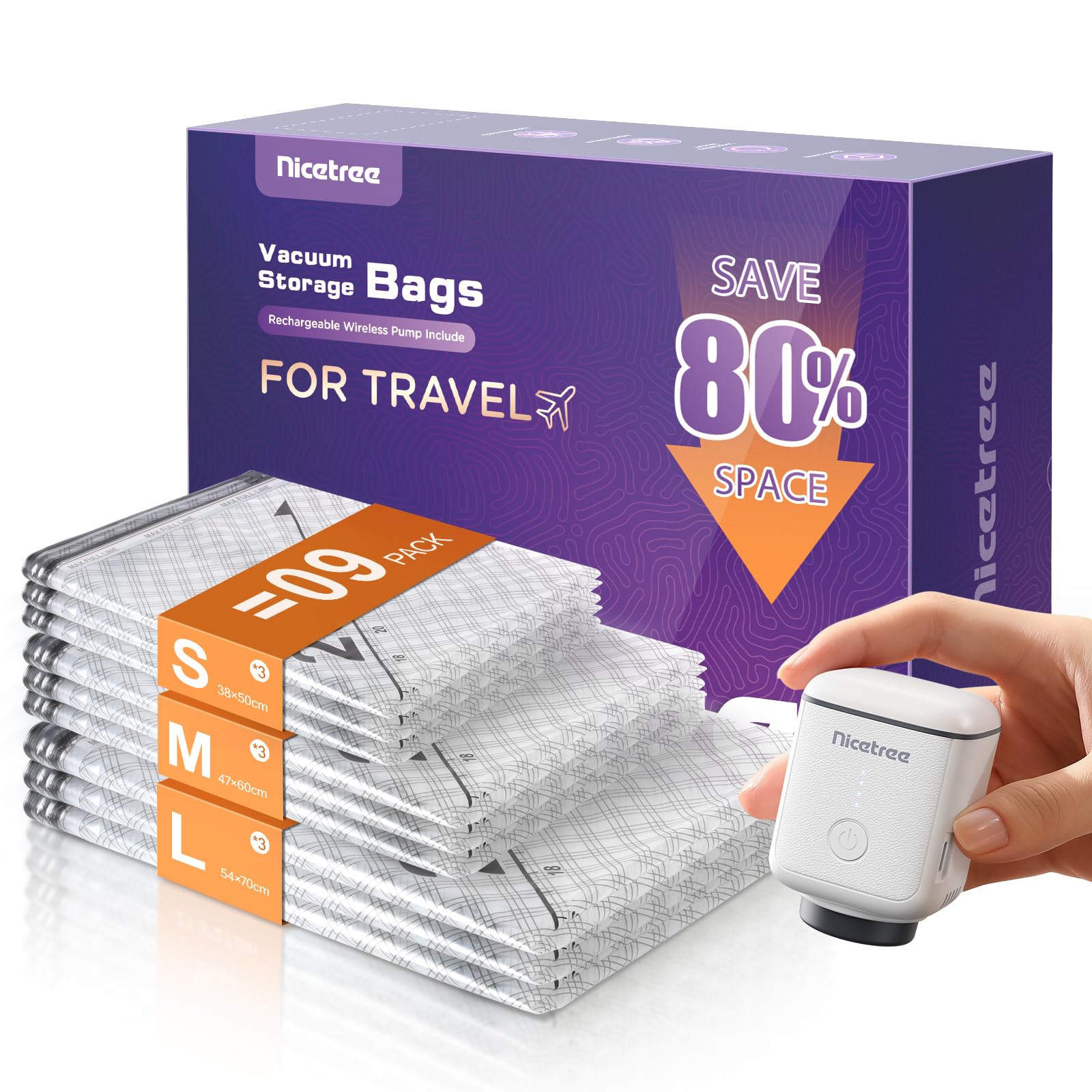 Innsky 9-Pack Vacuum Storage Bags with Rechargeable Pump, 3 Sizes