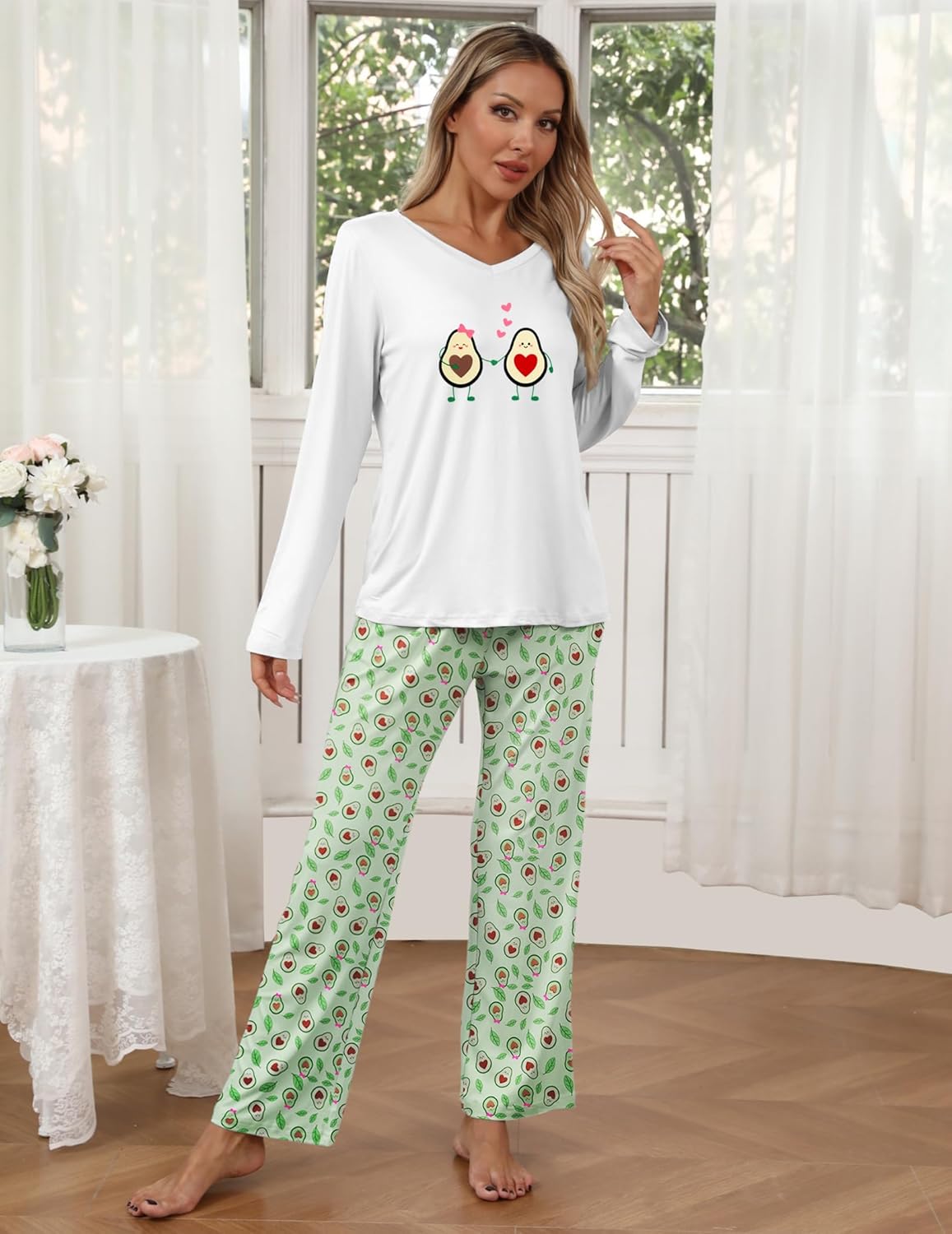 Ekouaer Womens 2 Pack Pajama Set Short & Long Sleeve Pajamas Top and Pants V Neck Pjs Set Soft Loungewear with Pockets - Image 2