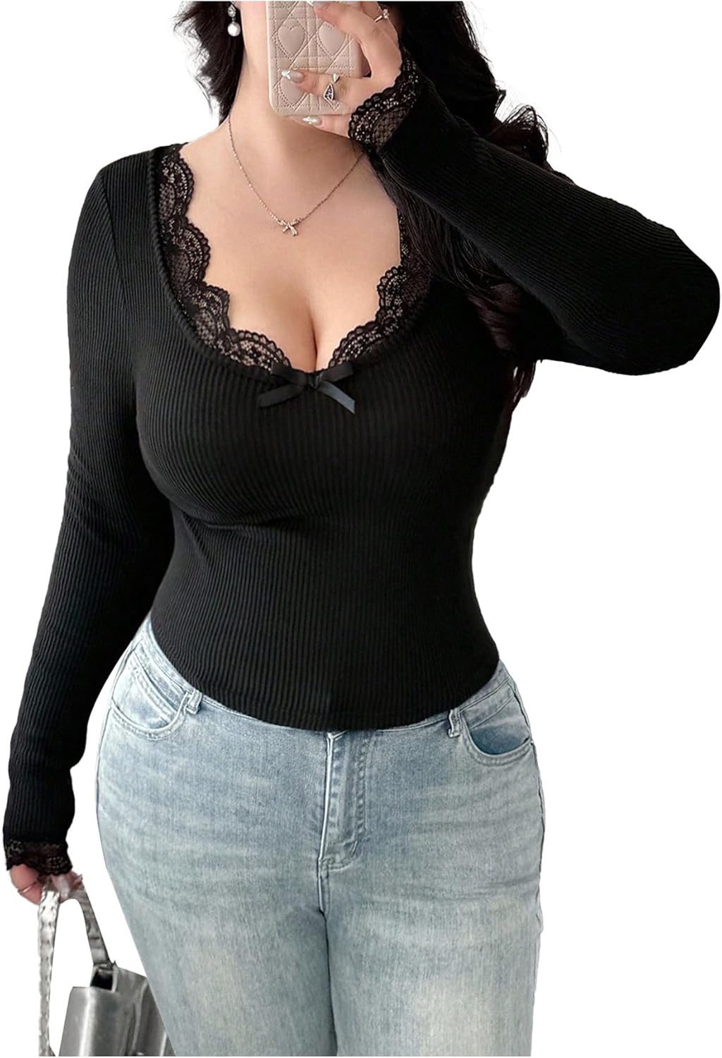Women's Plus Size Lace Long Sleeve T Shirts Fall Bow Scoop Neck Ribbed Knit Going Out Tops