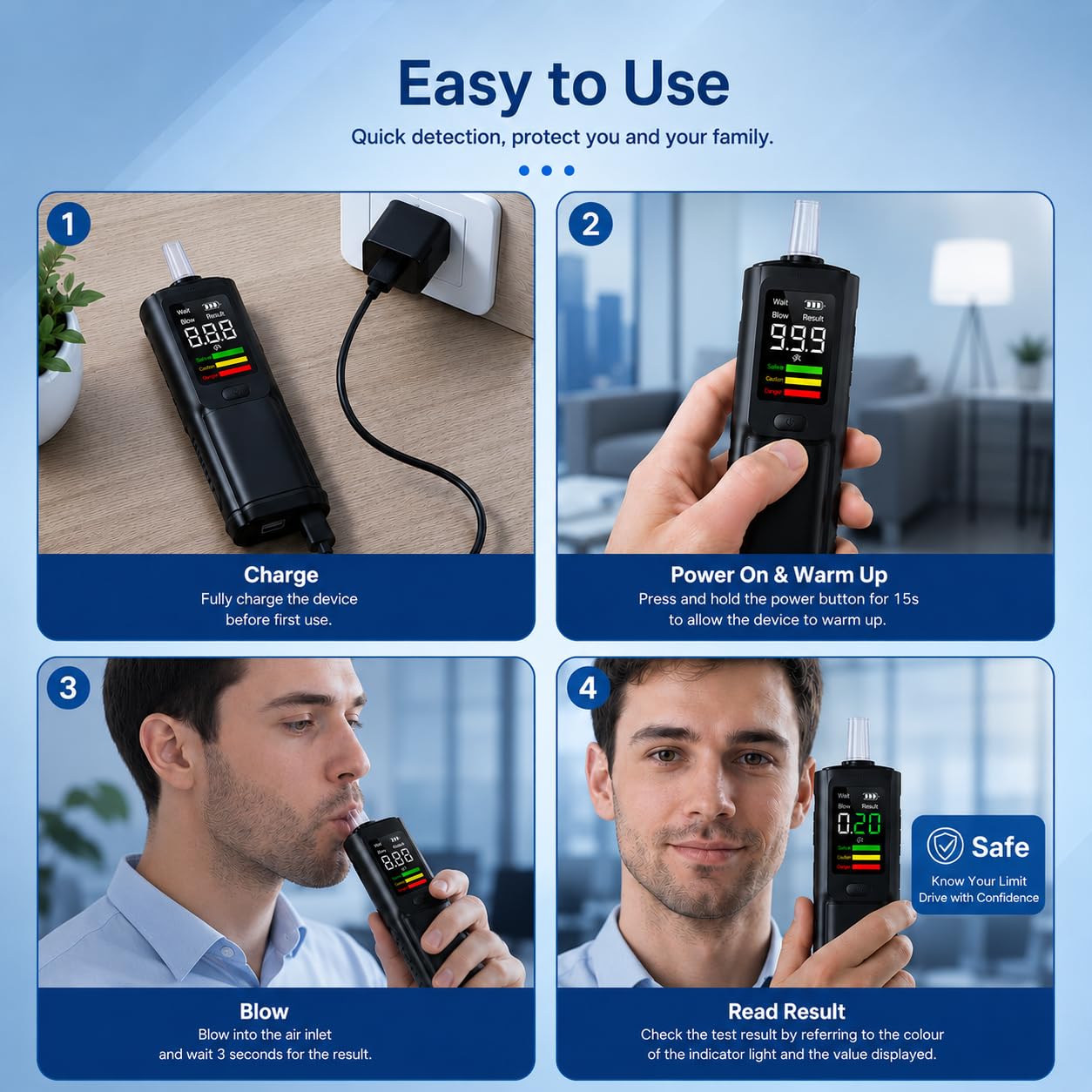 Ethylotest Electronique - Ethylotest avec 10 Embouchures, Alcotest Numerique, ethylometre mesures de Haute précision, pour Tests personnels domestiques (Black)