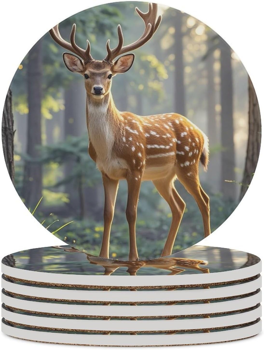 6PCS Sika Deer Coasters Non-Slip Round Drink Coasters with Ceramic Stone and Cork Base, Heat Resistant Absorbent 33.00Stone Coaster Set for Kinds of Mugs and Cups, 4 Inch