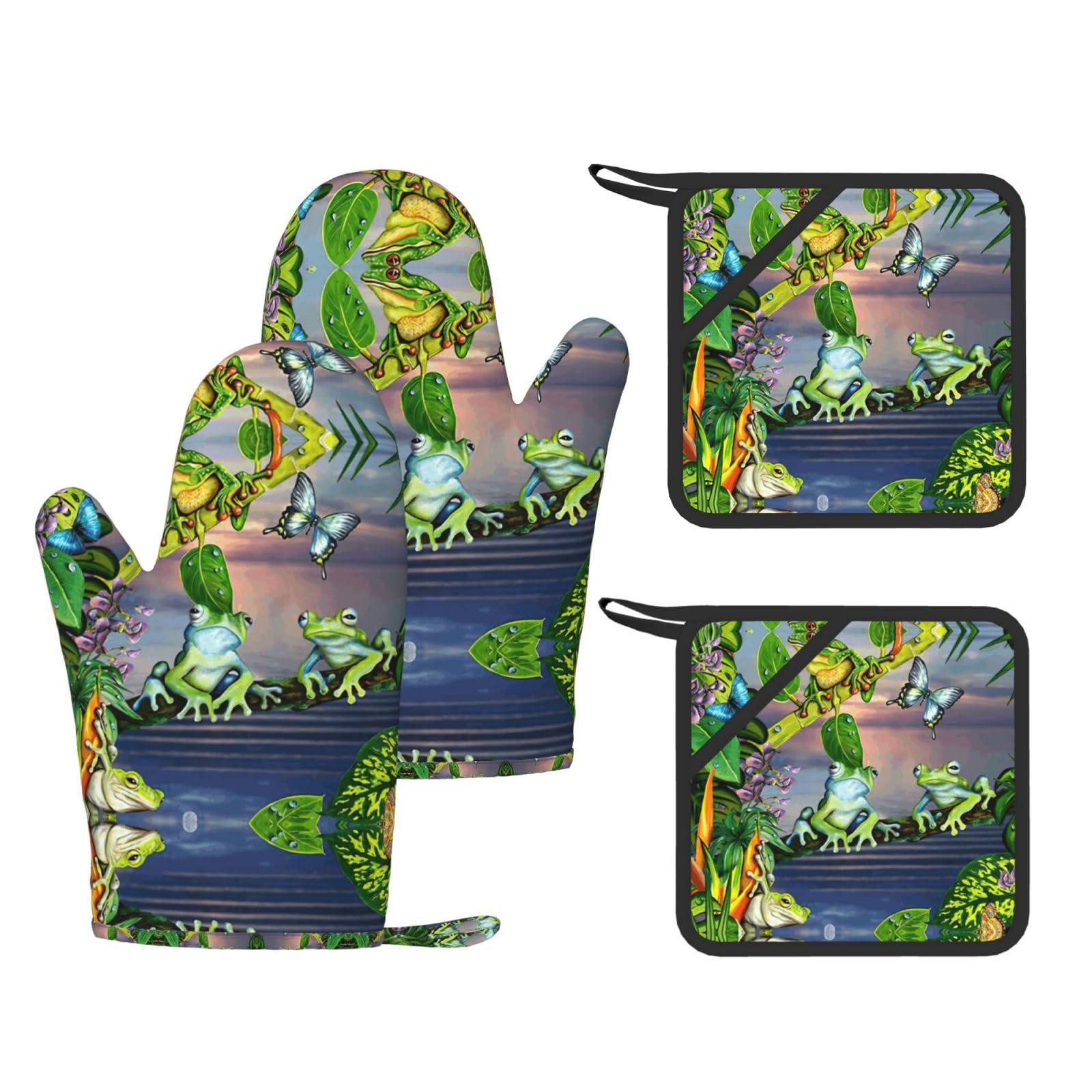 Many Frogs Sing on The Branches Summer Butterflies Lake Water Printed Potholder and Oven Mitt Set of 4, High Heat Resistant Cooking Gloves for BBQ Grilling