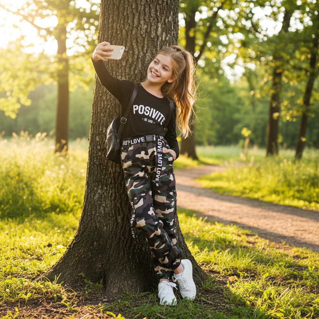 Zupora Girls 2 Piece Outfits Kids Clothes Ruched Top Long Sleeve T Shirt Camo Pants Set Girls' Clothing Sets 6-14 - Image 4