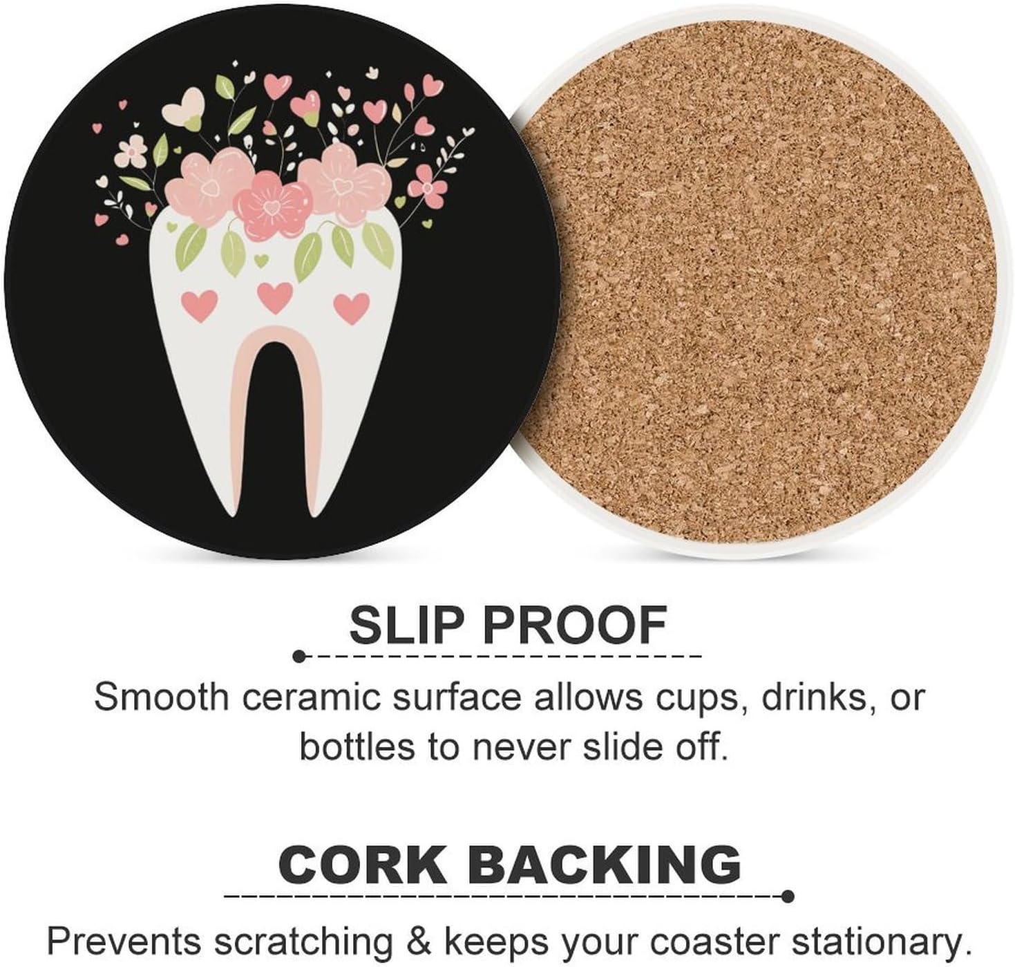 Dentist Dental Hygienist Tooth Flower Funny Round Ceramic Coasters for Drink Absorbent Cup Holders Tabletop Protection
