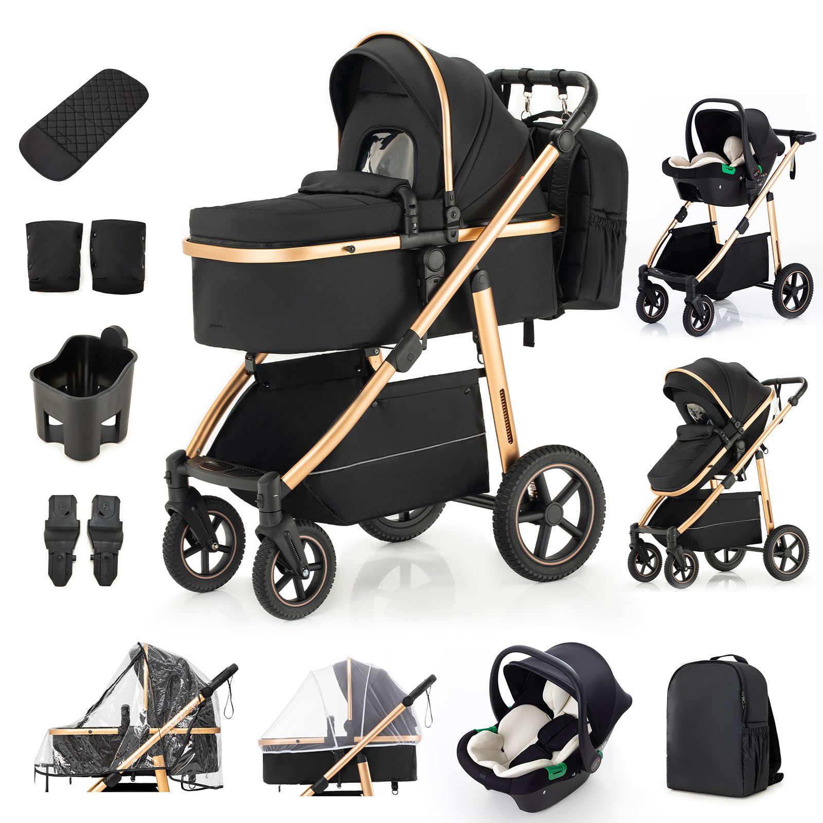 Zkiprm Kinderwagen 3 in 1mit Autositz, Kinderwagen set Faltbar, Babywagen mit Umkehrbarem Zwei-Wege-Schub, mit Rucksack, Handschuhe, Moskitonetz, Regenschutz, Getränkehalter, fur 0-4 (Schwarz)