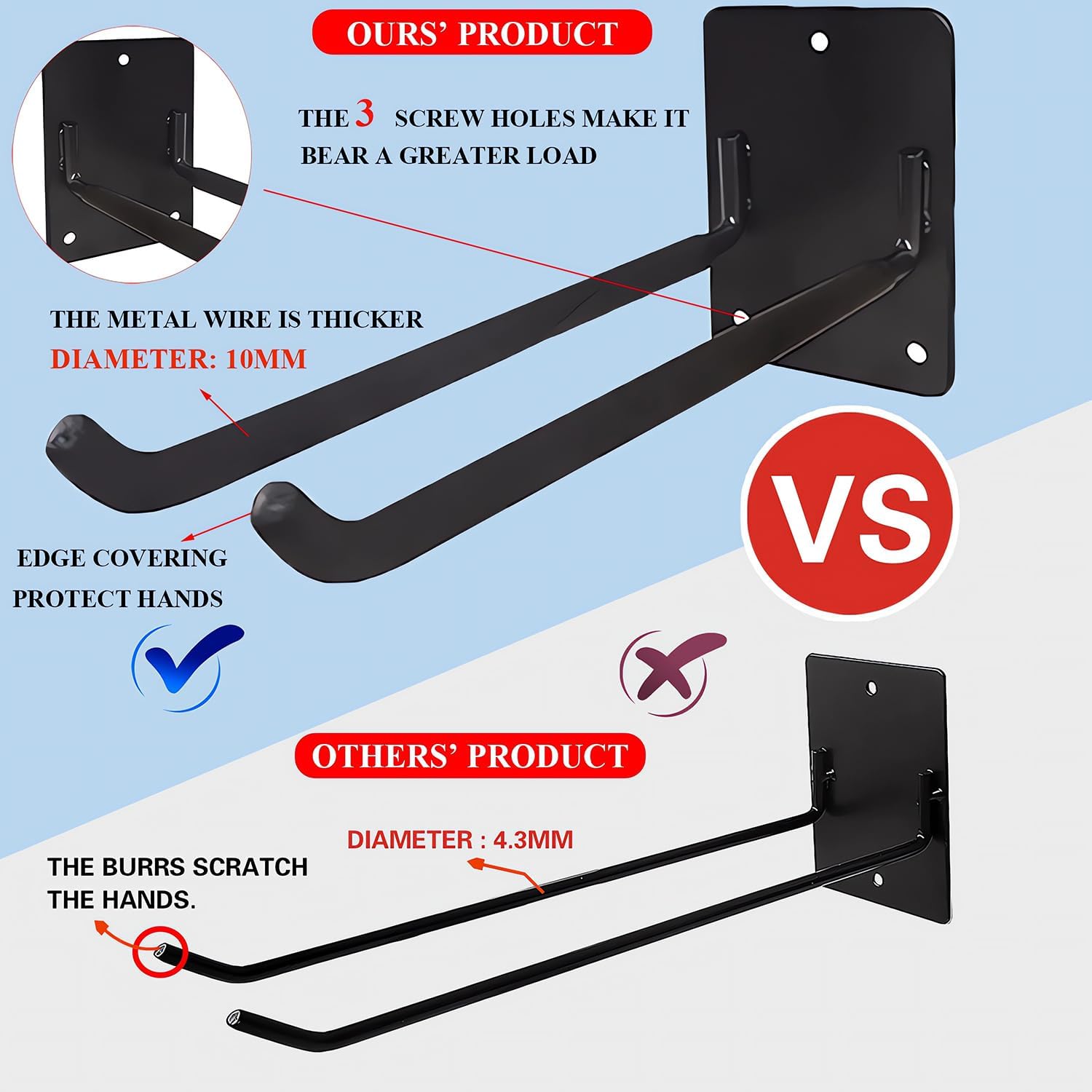 Heavy Duty Garage Hooks Wall Mount 2 Pack - Sturdy Utility Ladder Hooks for Shovel Broom Bike Chairs - Garage Storage Organization for Concrete Wood Wall, Red