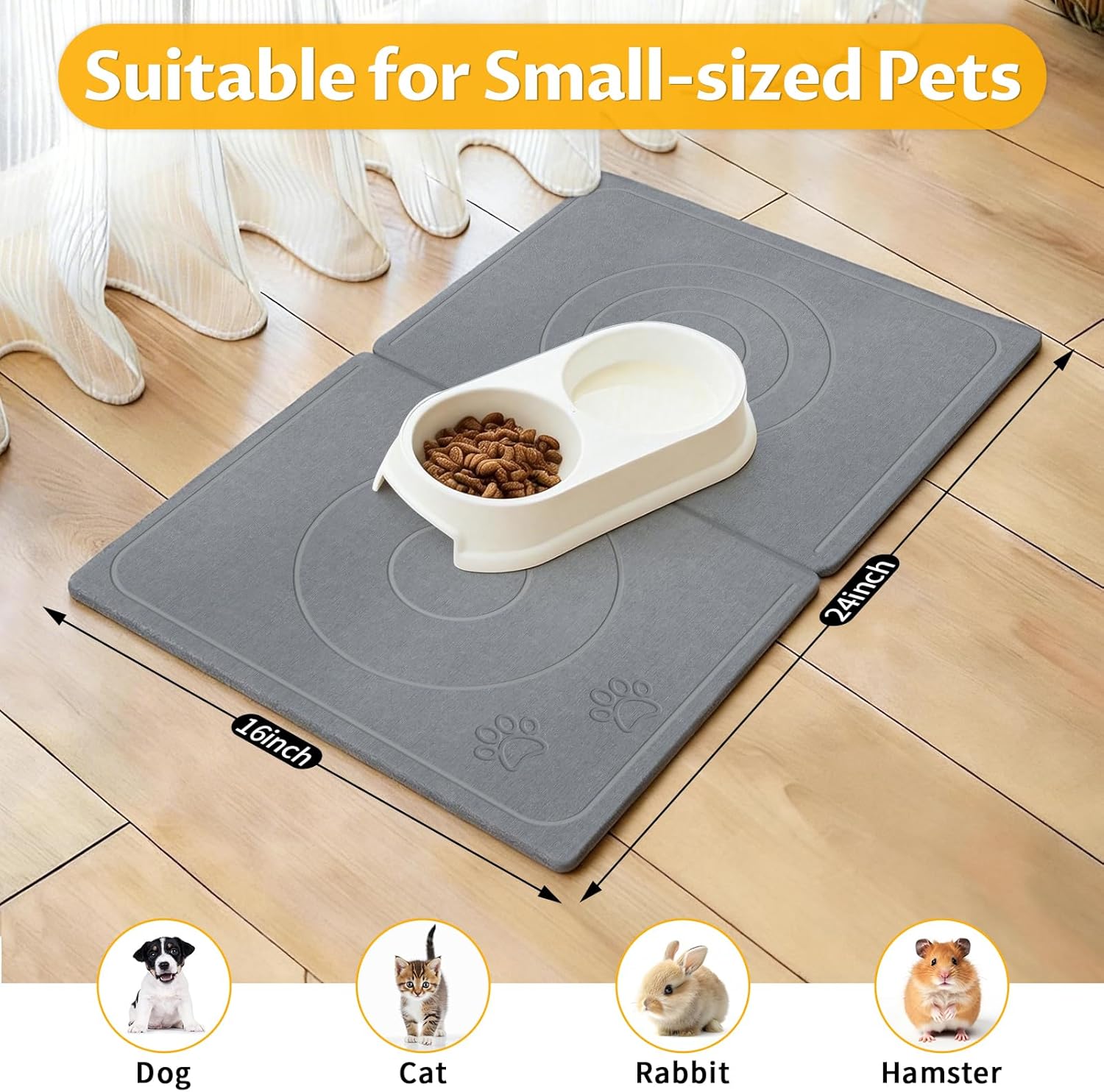 Stone Dog & Cat Food Mat, Bite-Proof Non-Slip Large Diatomaceous Pet Feeding Mat for Puppy Cat, Summer Cooling Quick Drying Dog Cat Water Bowls Mat for Protect Floor (Dark Grey 24" x 16")