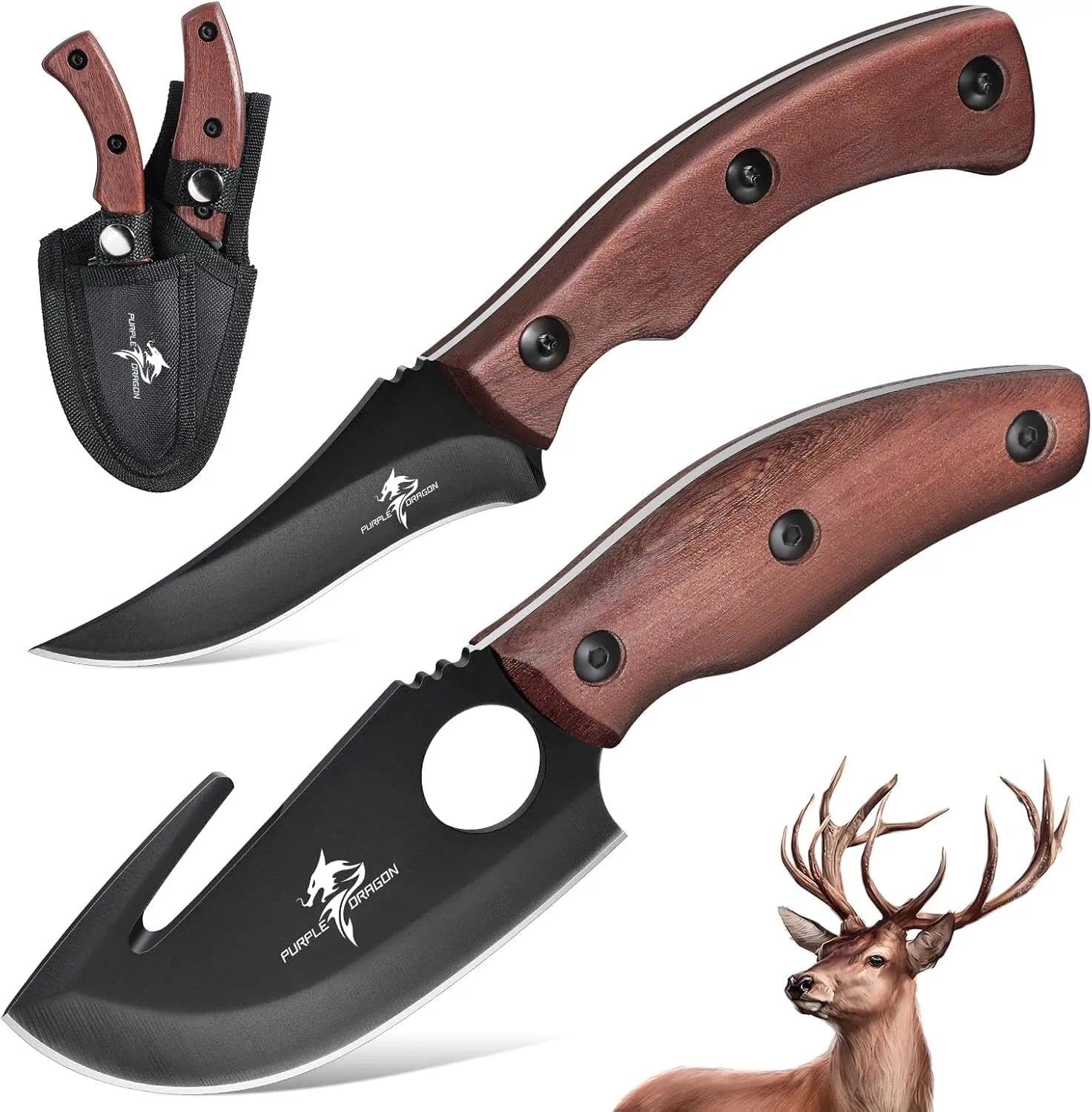 Purple Dragon Fixed Blade Outdoor Knives Set, High Carbon Steel Specialist and Precision Knife, Portable Field Utility Kit with Sheath, Christmas Gift for Men