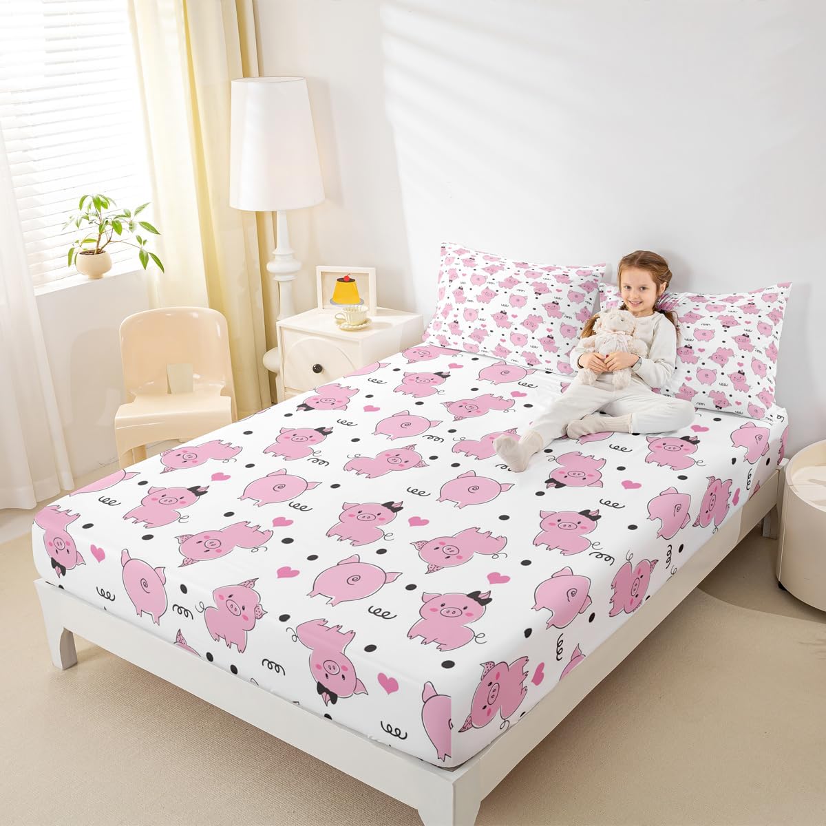Erosebridal Pink Pig Bed Sheets Queen,Cute Farm Animal Fitted Sheet Deep Pocket For Kids Girls Teens Women Kawaii Room Decor,Little pigs Bedding Set Cartoon Soft Breathable Bedding Sets 2 Pillow Cases