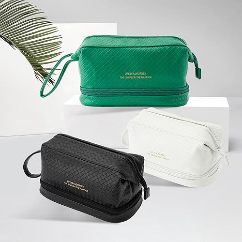 Miniatura 6 de Abiudeng Bolsa de maquillaje grande, bolsa de cosméticos de doble capa, bolsa de maquillaje de viaje, bolsa de maquillaje de cuero, bolsas de viaje