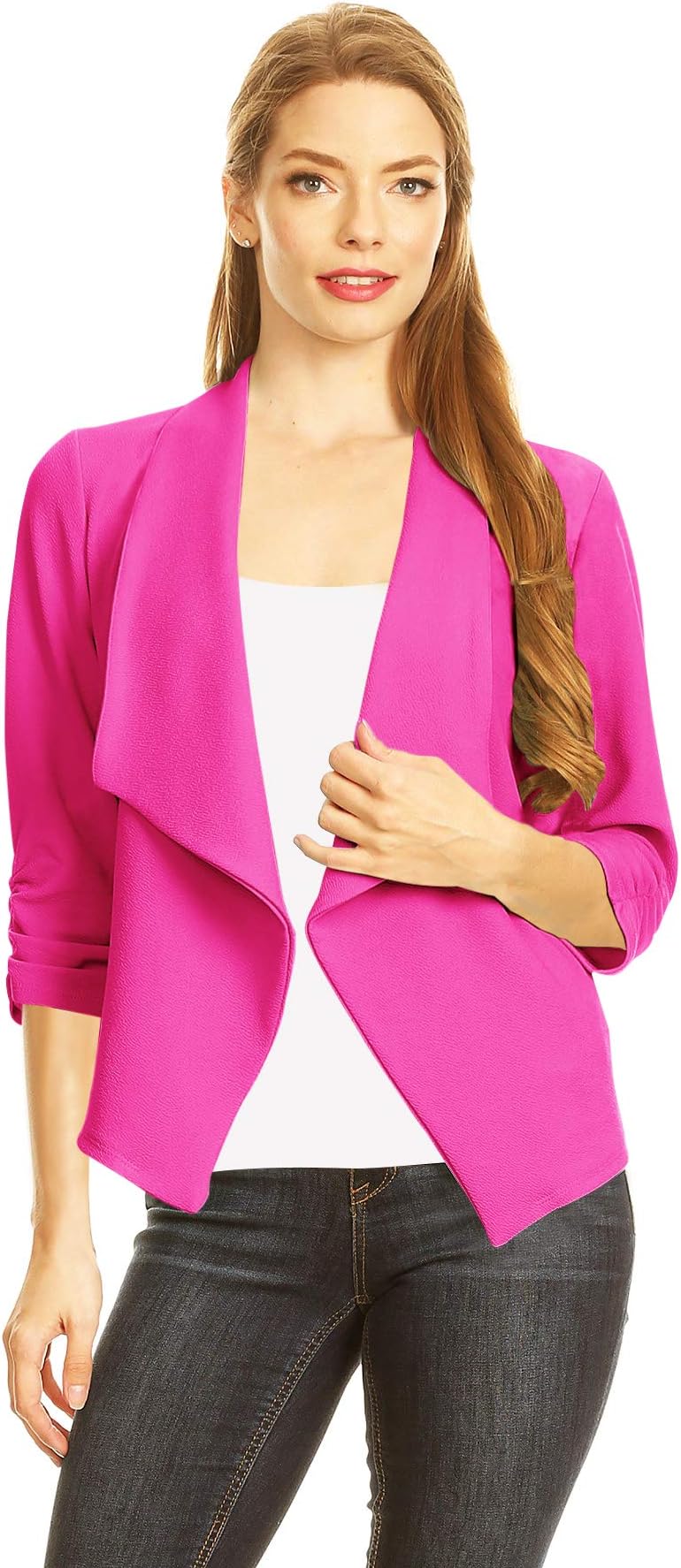 Women's Casual 3/4 Sleeve Open Front Cardigan Jacket Work Office Blazer with Plus Size
