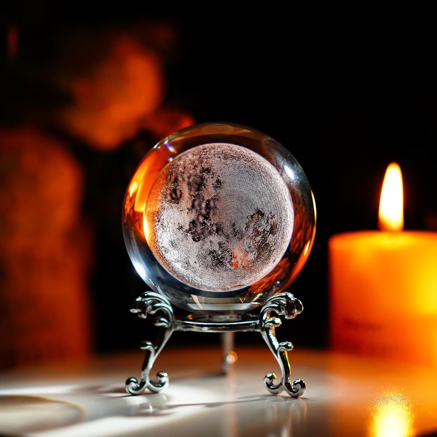 Neouth 60mm(2.3inch) Moon Crystal Ball Paperweight 3D Laser Engraved Quartz Glass Ball with Stand Sphere Table Decor Crafts