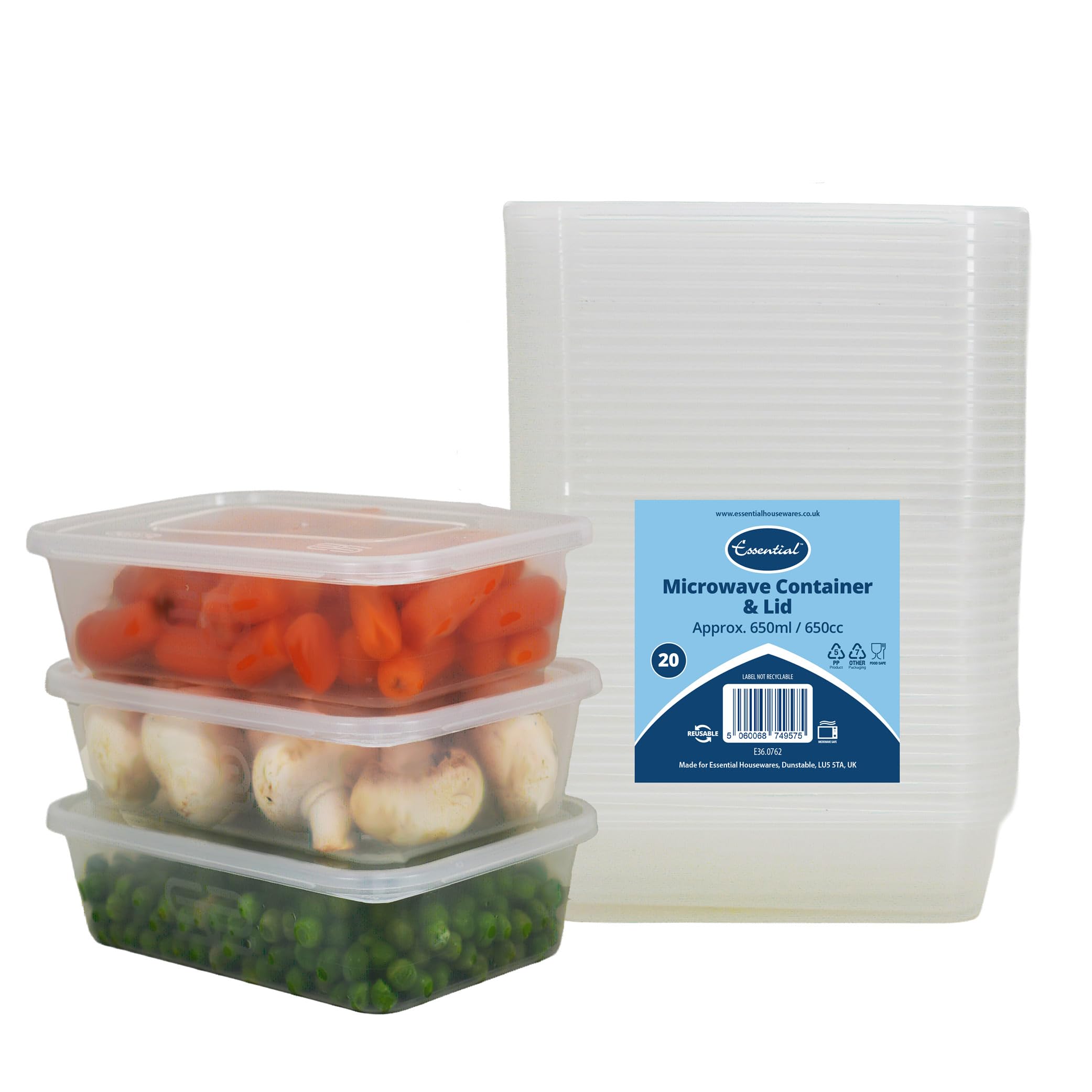 Euro Classic Clear Essential Housewares 20 Plastic Food Containers With Lids - 650Ml. Bpa-Free Leak-Proof Plastic Lunch Box Meal Prep Containers Reusable. Lunchbox Snack Box Food Storage Containers.