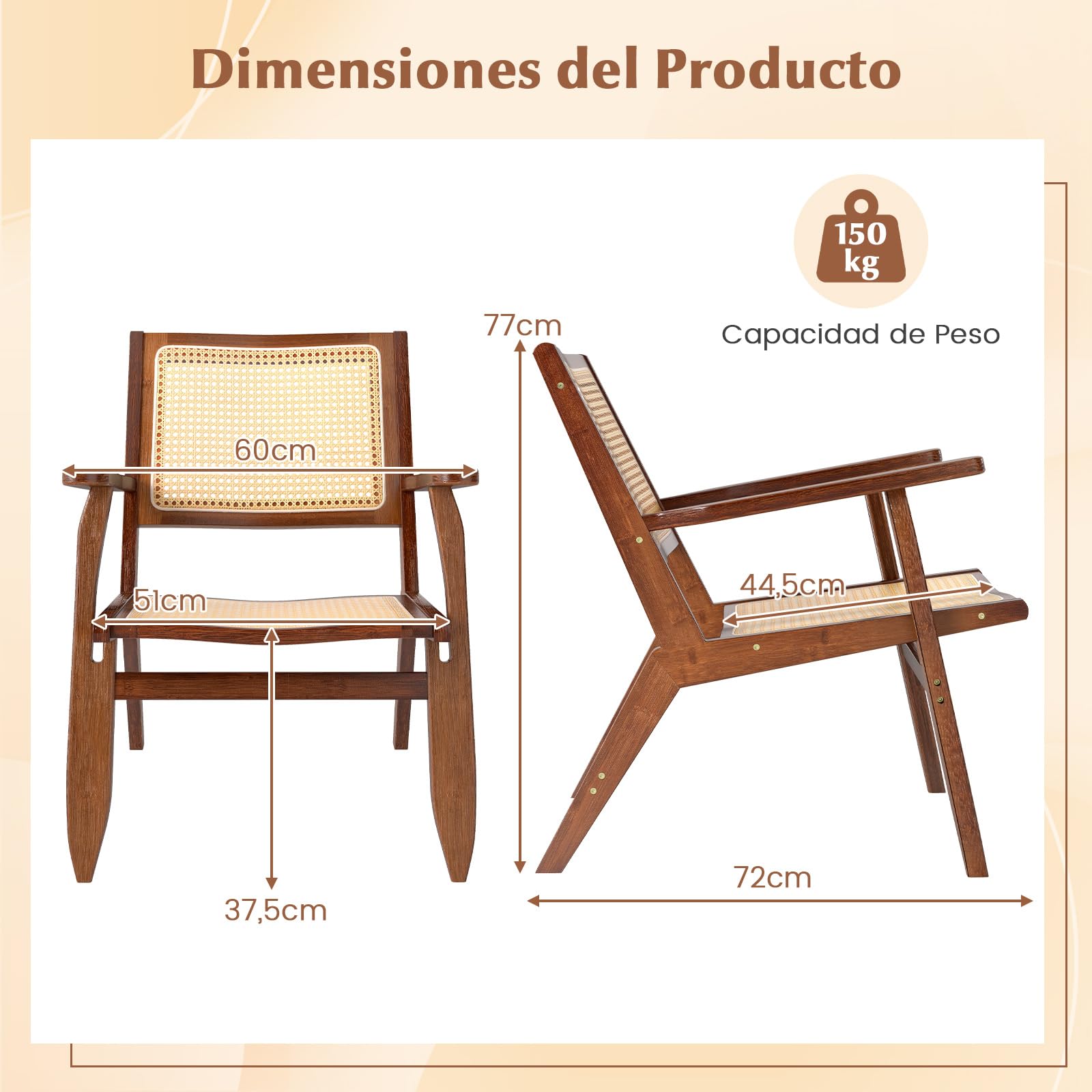 COSTWAY Silla de Ratán, Sillón de Salón de Madera, Butaca de Salón con Respaldo y Asiento Amplio de Ratán, Silla de Ocio de Lectura para Sala de Estar y Dormitorio, Nogal
