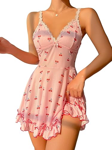 SHENHE Women's Cute Cherry Print Lace Trim Ruffle Hem Sleeveless Nightgown Chemise - Small - Light Pink
