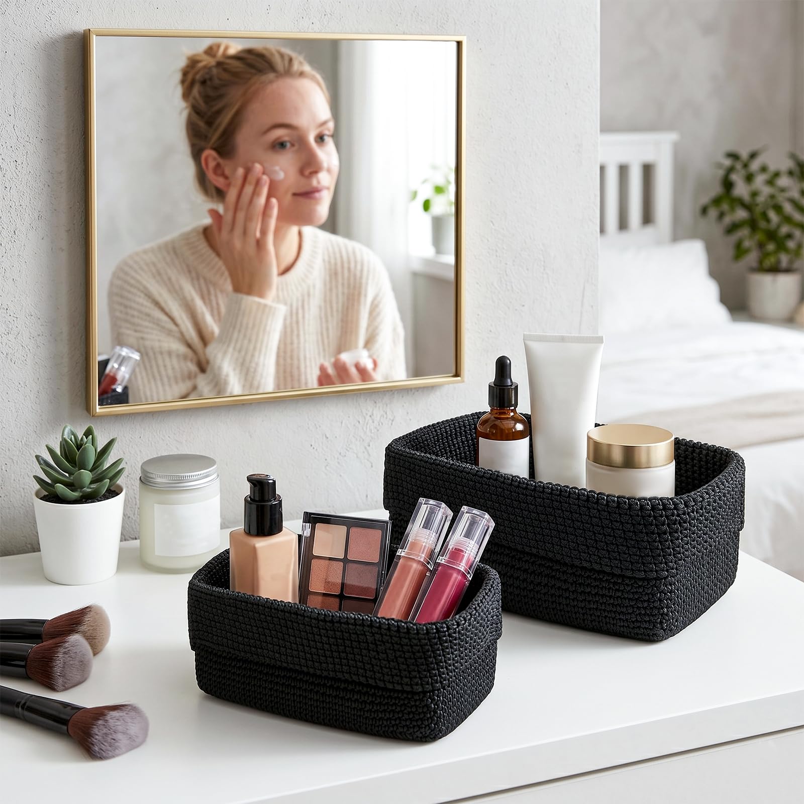 2 Piezas Cestas Almacenaje, Cesta de Ganchillo Tejida a Mano, Cestas de Almacenamiento, Cesta Organizadora Rectangular Grande y Pequeña para Baño, Salón y Oficina, Negro (negro)