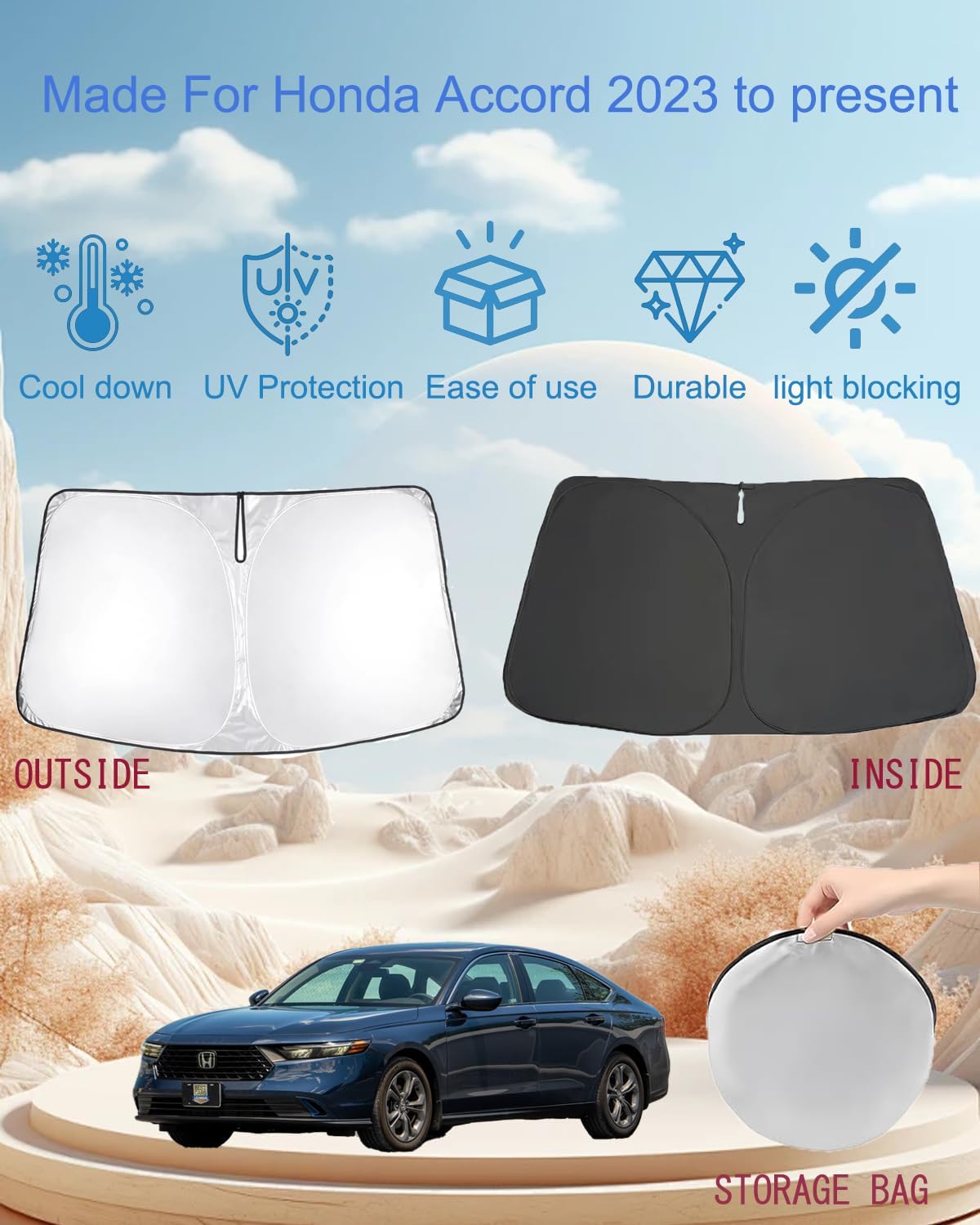 oricarmes Precisely Designed for 2023-2025 2026 Accord Sunshade 99% UV Blocking Accord Accessories Windshield Sun Shade Custom Fit & OEM-Approved Design