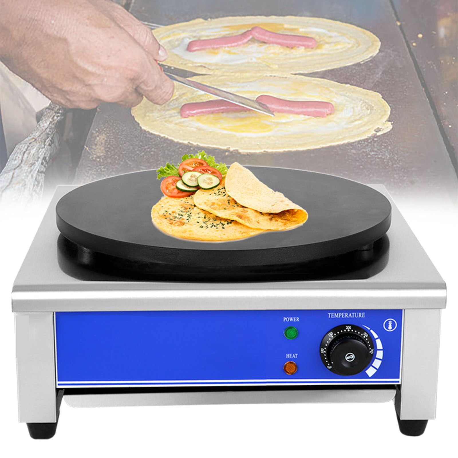 Comercial de Crepera | Máquina para Hacer Panqueques Eléctrica | Plato Antiadherente 40cm | con Esparcidor de Madera | para Tienda de Conveniencia de Cocina,110V1700W