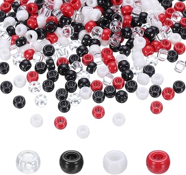 HARFINGTON 1000Pcs Pony Beads 6x9mm 4 Assorted Colors Acrylic Bulk Plastic Barrel Bead Red White Black Clear for Necklace Key Chain Jewelry Making