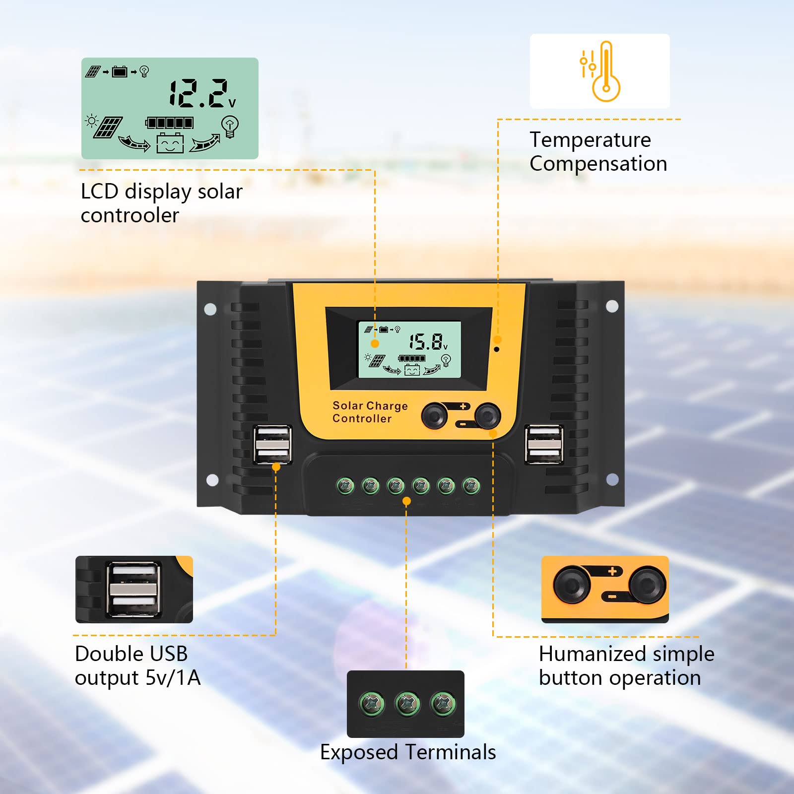 Contrôleur De Charge Solaire 20A PWM LCD 12V 24V 36V 48V - Régulateur Batterie Lithium Et Plomb-Acide Identification Auto